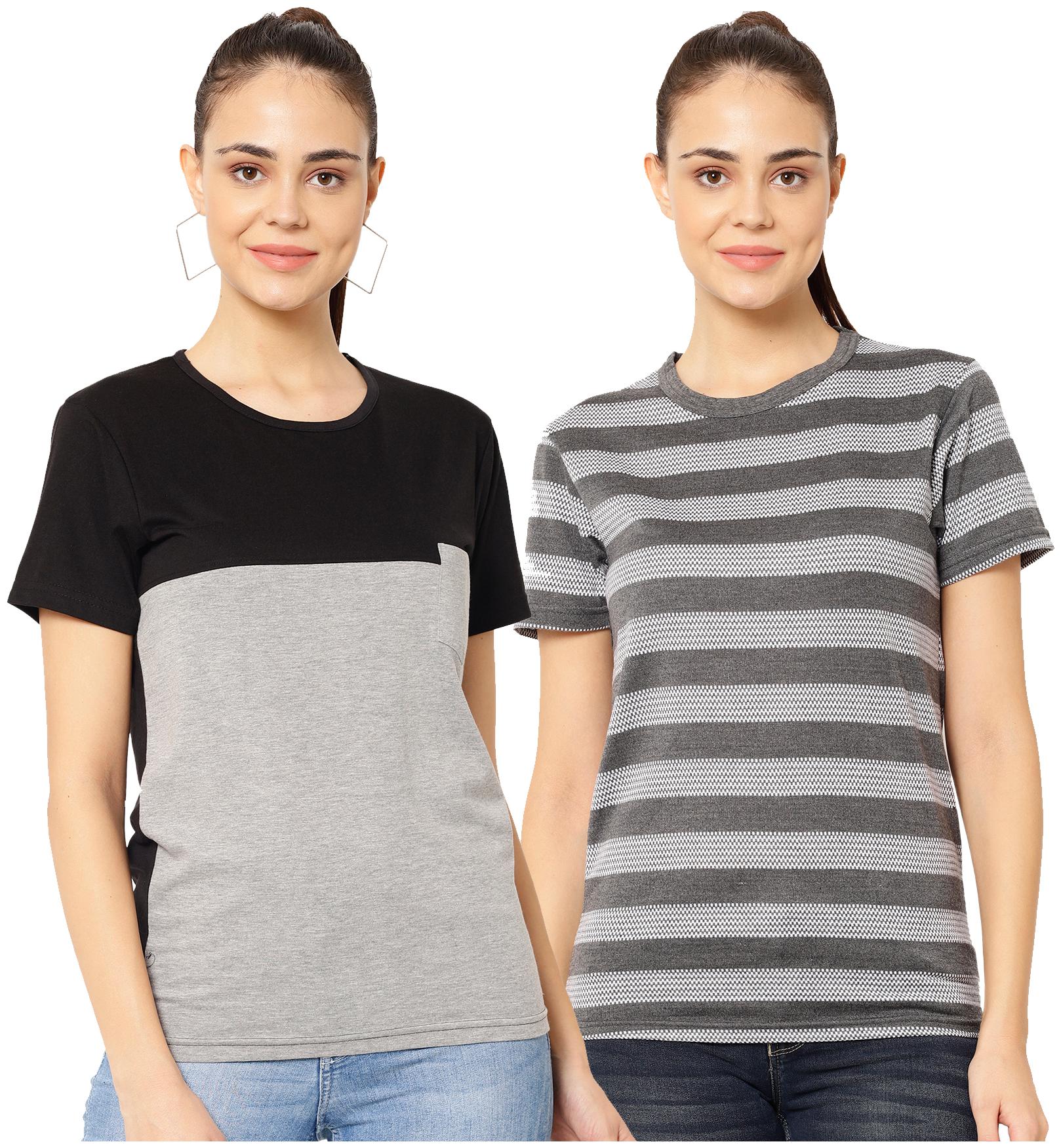 

VIMAL JONNEY Women Black Grey Regular fit Round neck Cotton blend T shirt