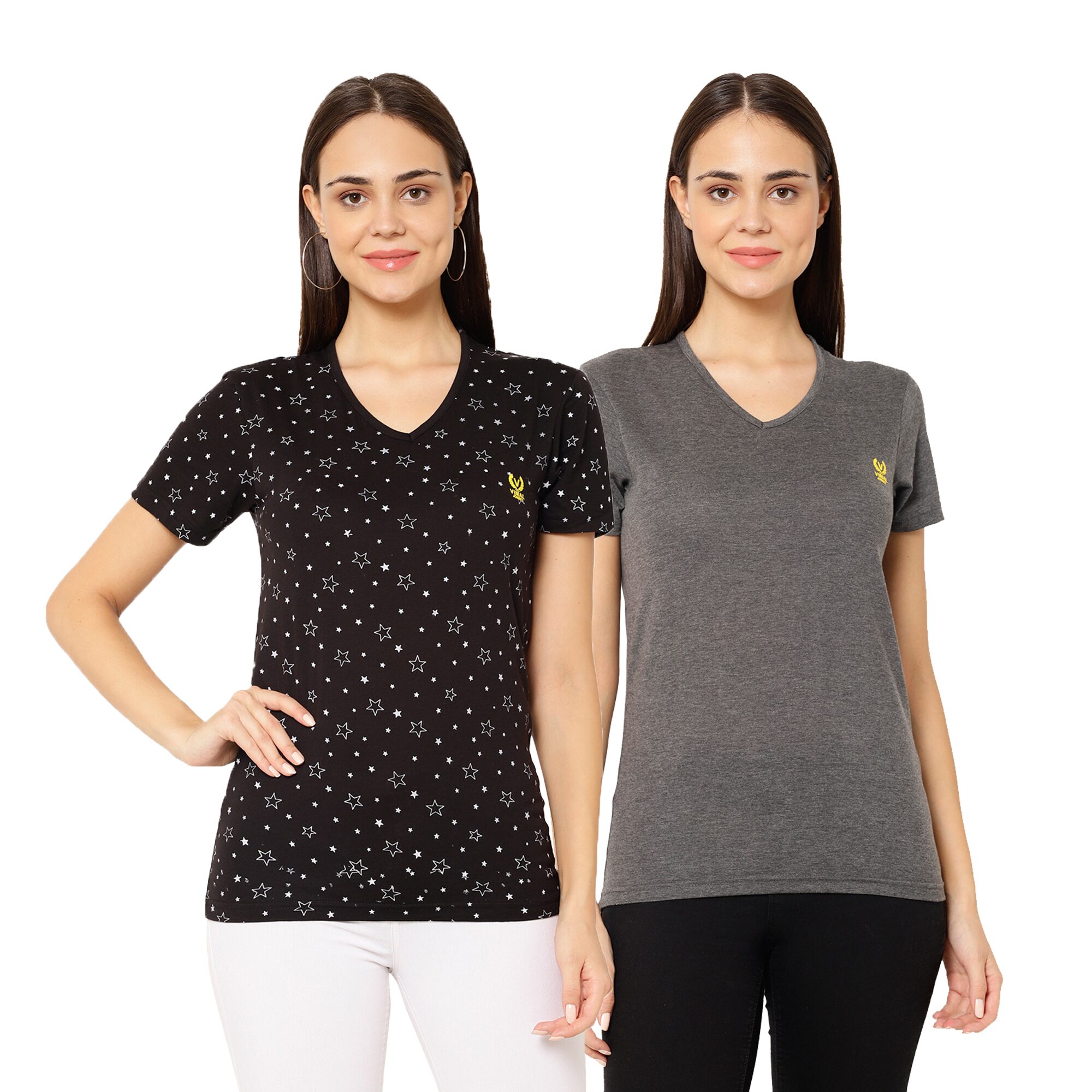 

VIMAL JONNEY Women Black Grey Regular fit V neck Cotton blend T shirt