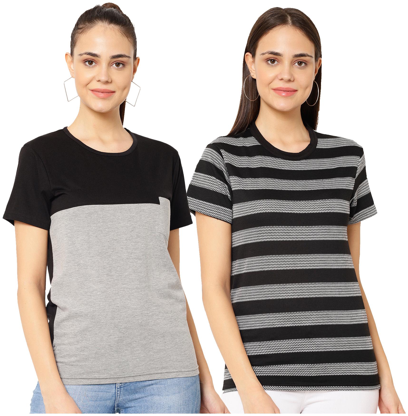 

VIMAL JONNEY Women Grey Black Regular fit Round neck Cotton blend T shirt