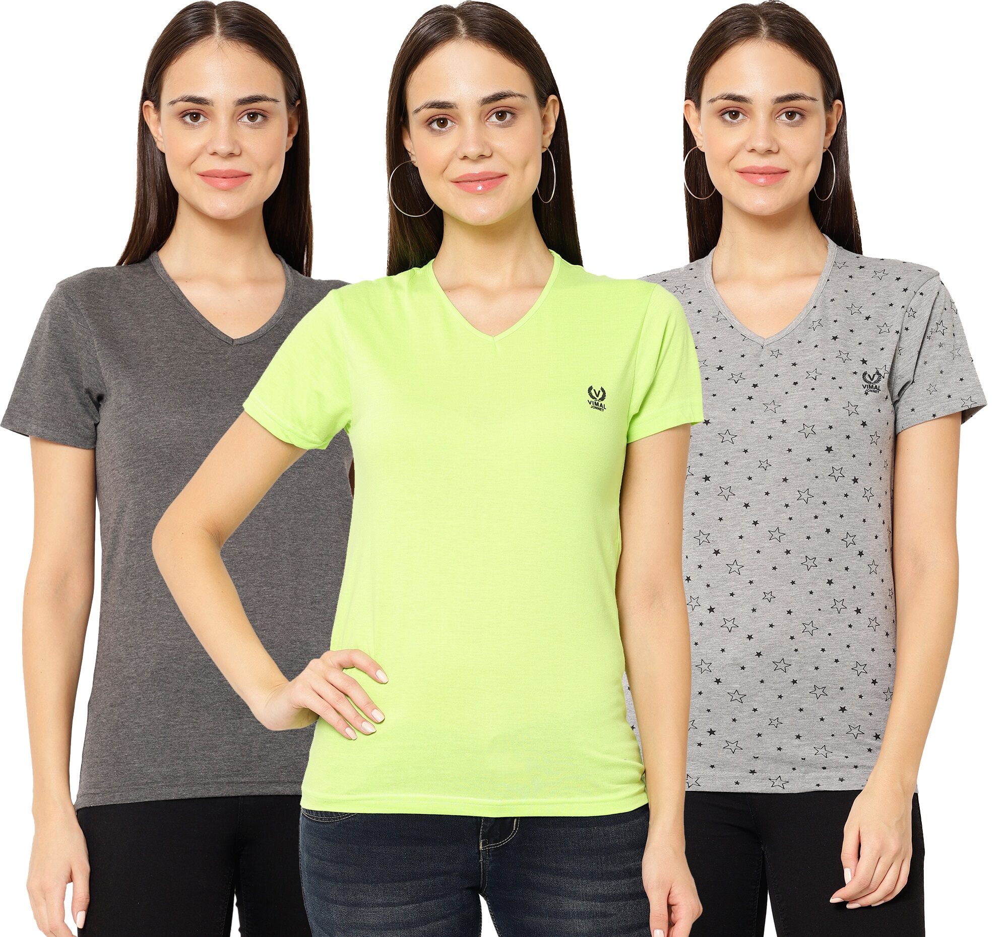 

VIMAL JONNEY Women Green Grey Regular fit V neck Cotton T shirt