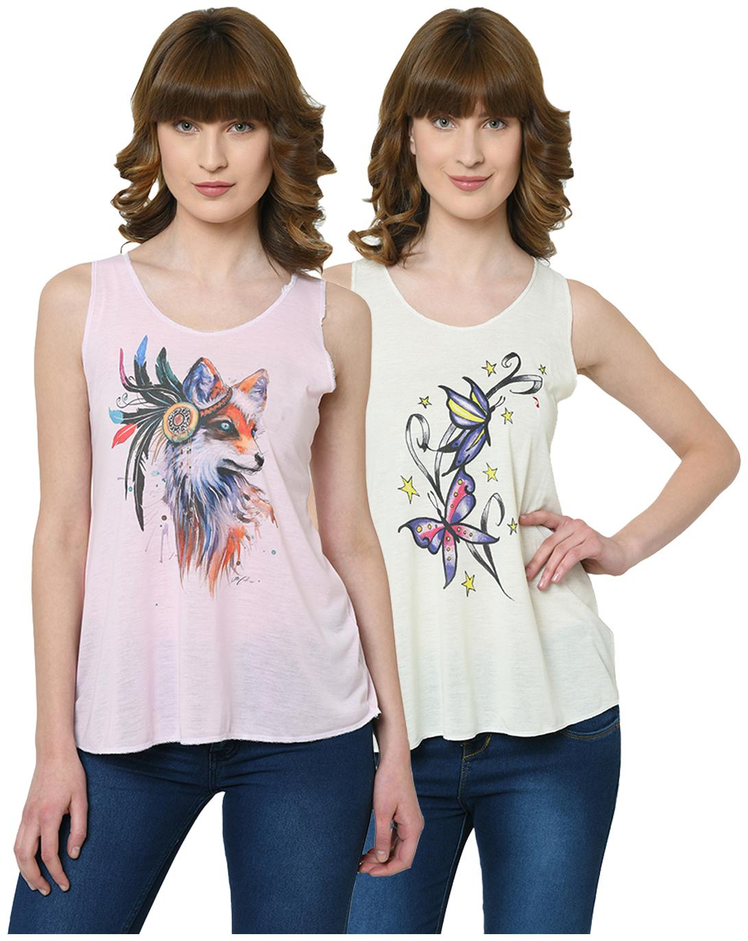 

VIMAL JONNEY Women Pink Cream Regular fit U neck Polyester Tank top