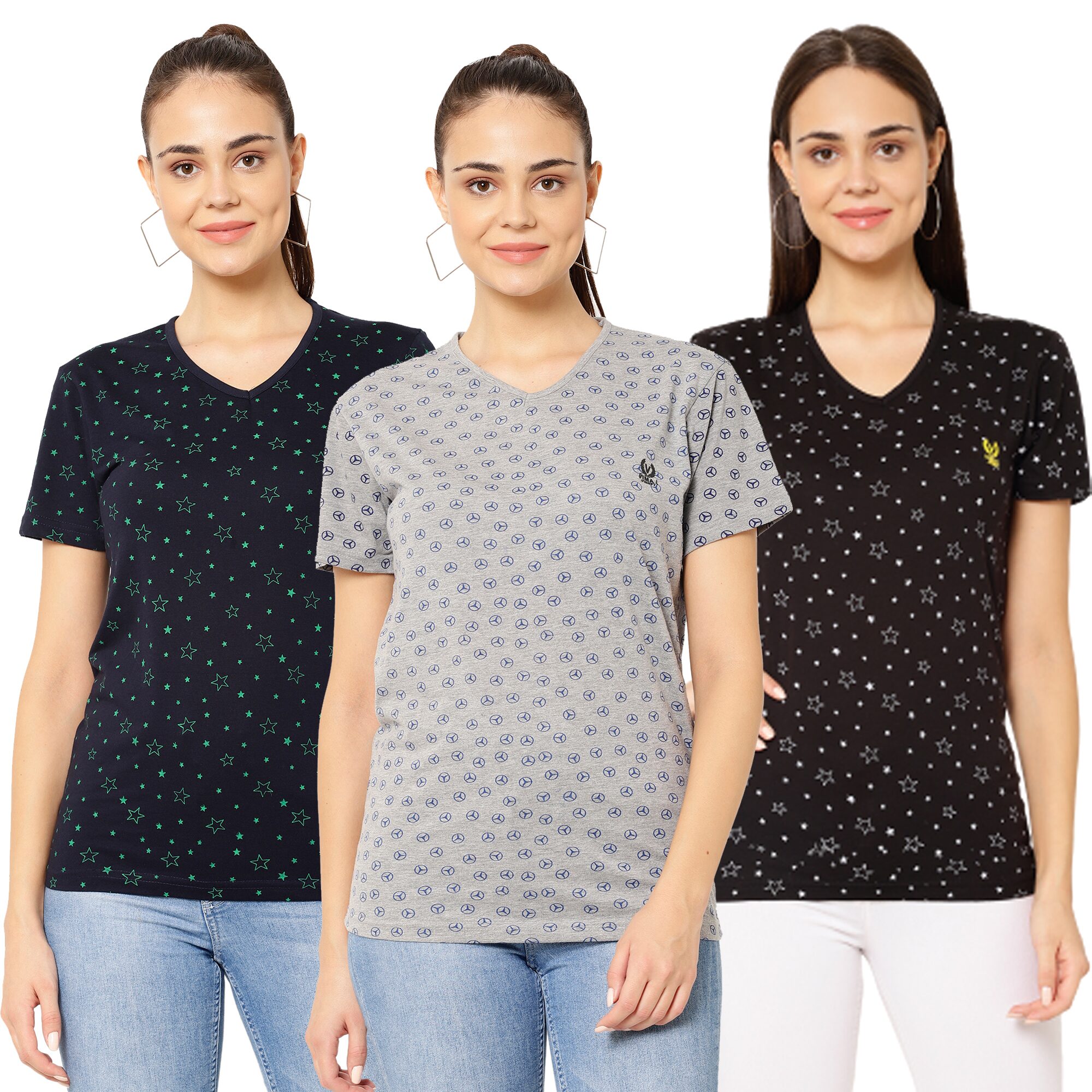 

VIMAL JONNEY Women Multi Regular fit V neck Cotton T shirt