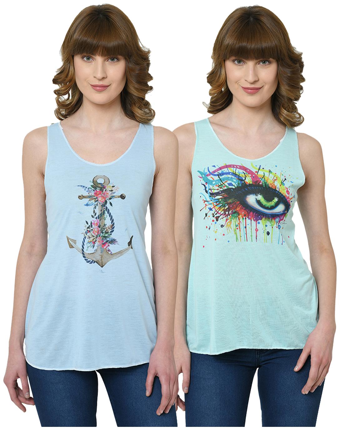 

VIMAL JONNEY Women Blue Green Regular fit U neck Polyester Tank top