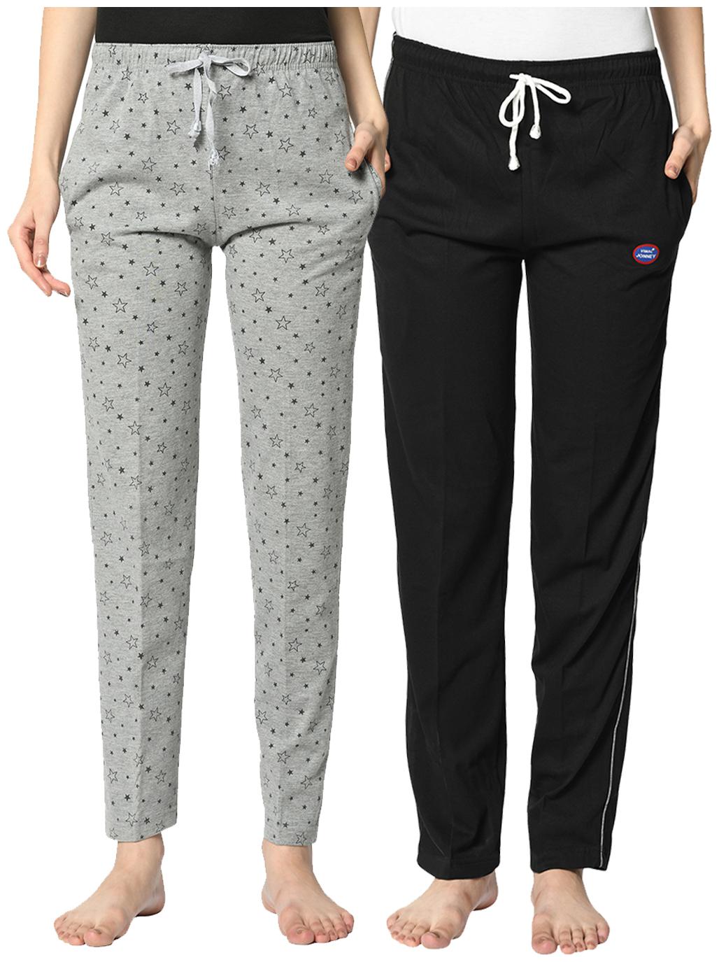 

VIMAL JONNEY Cotton Blend Solid Black Grey Color Track Pants For Women (Pack Of 2)
