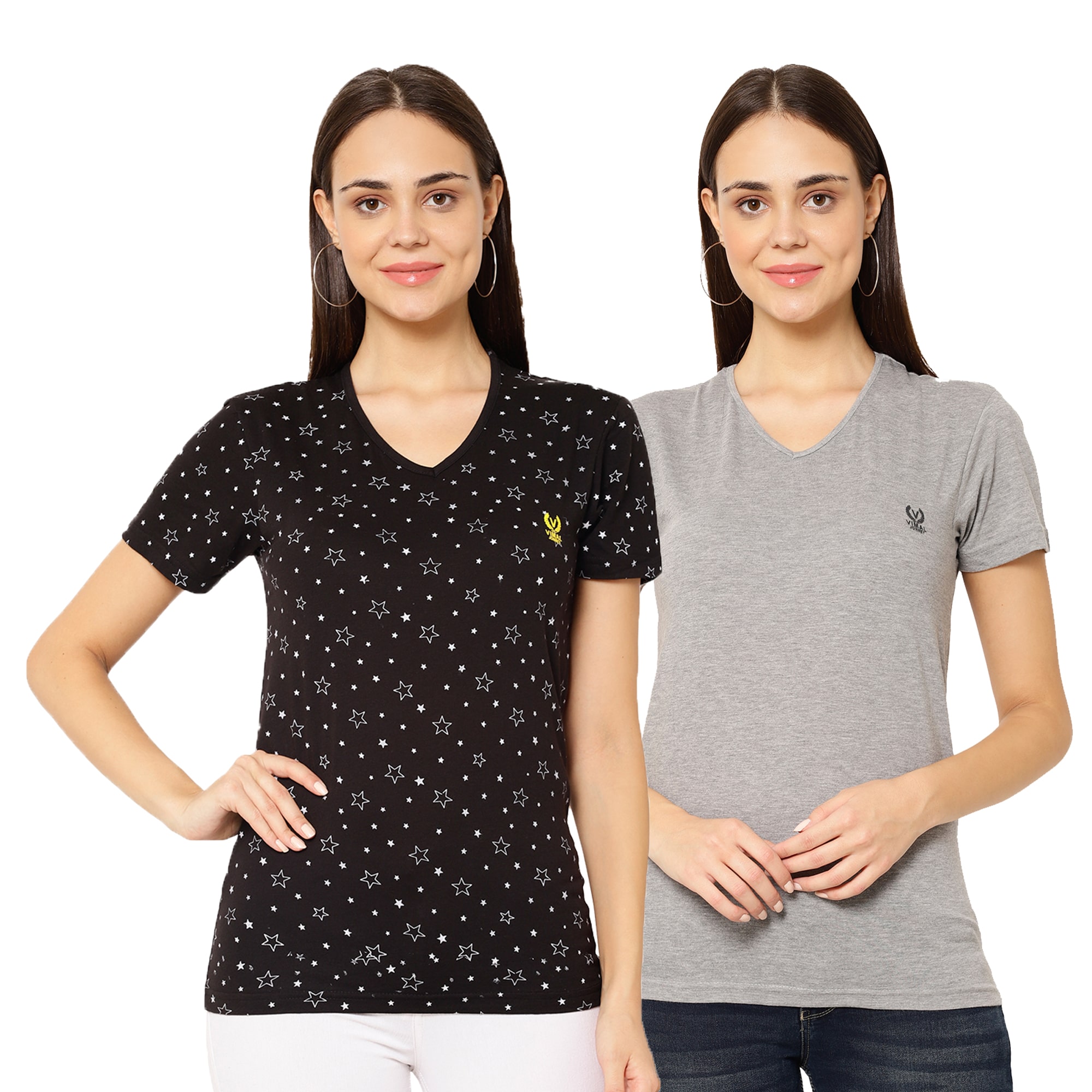 

VIMAL JONNEY Women Black Grey Regular fit V neck Cotton blend T shirt