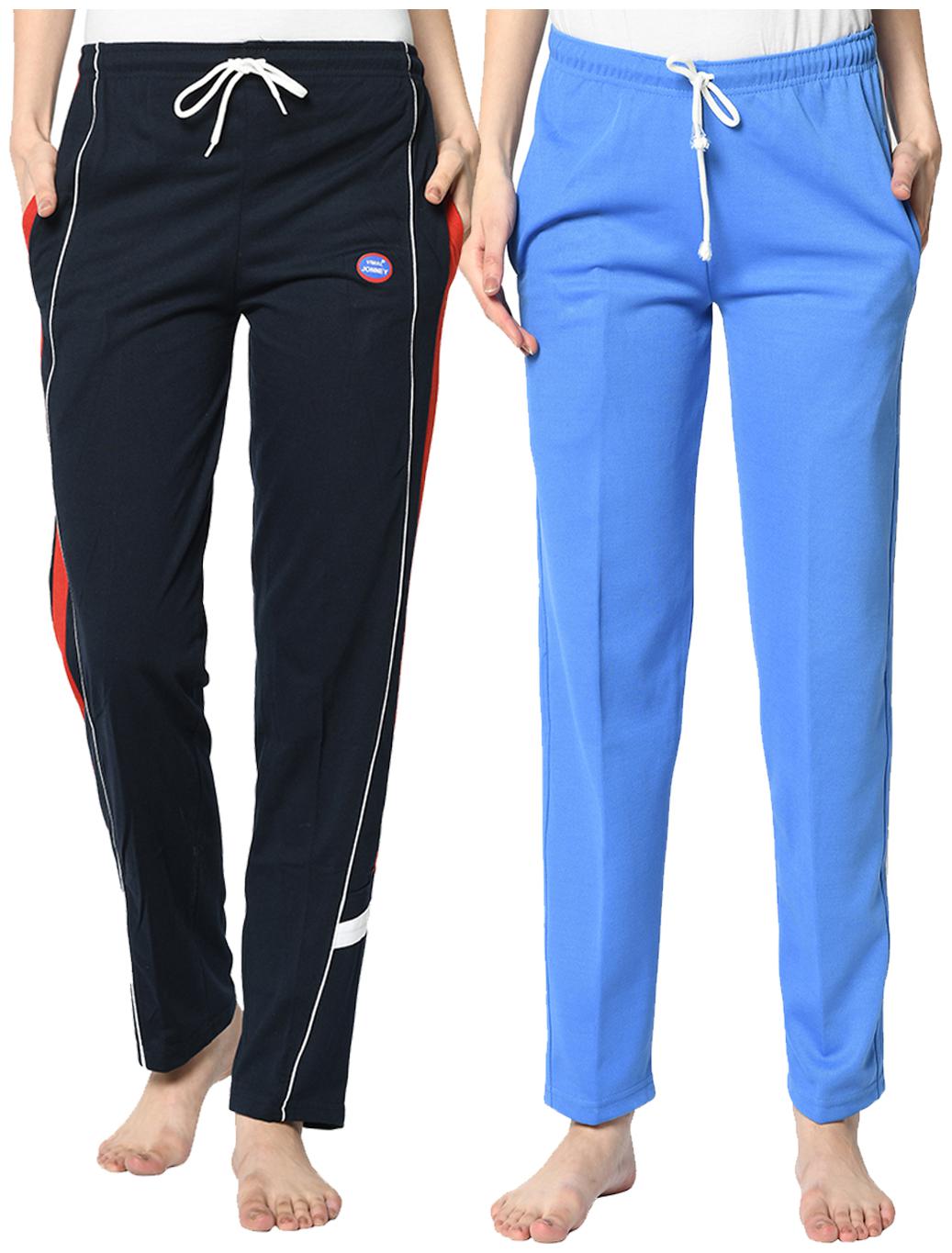 

VIMAL JONNEY Cotton Blend Solid Blue Color Track Pants For Women (Pack Of 2)