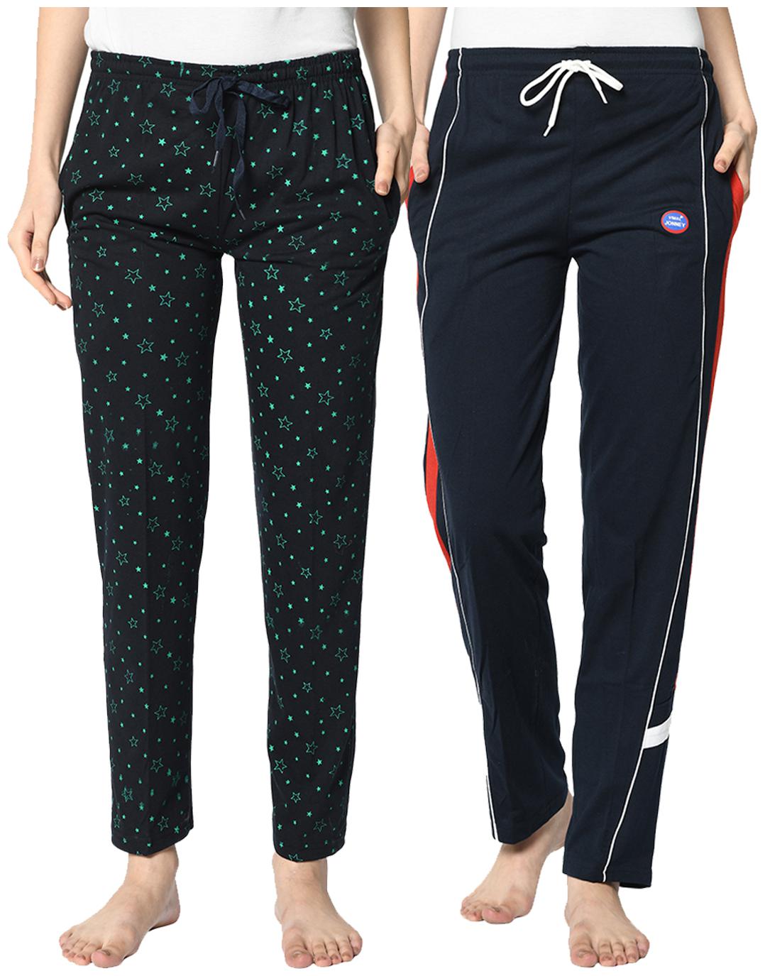 

VIMAL JONNEY Cotton Blend Printed Blue Color Track Pants For Women (Pack Of 2)