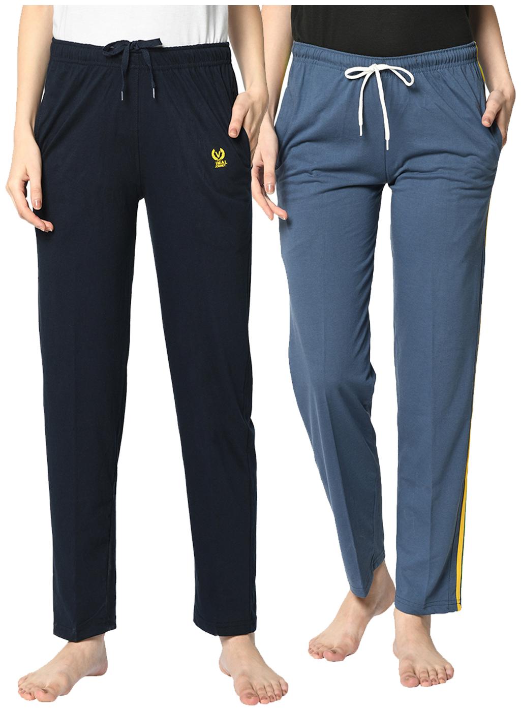 

VIMAL JONNEY Cotton Blend Solid Grey Blue Color Track Pants For Women (Pack Of 2)