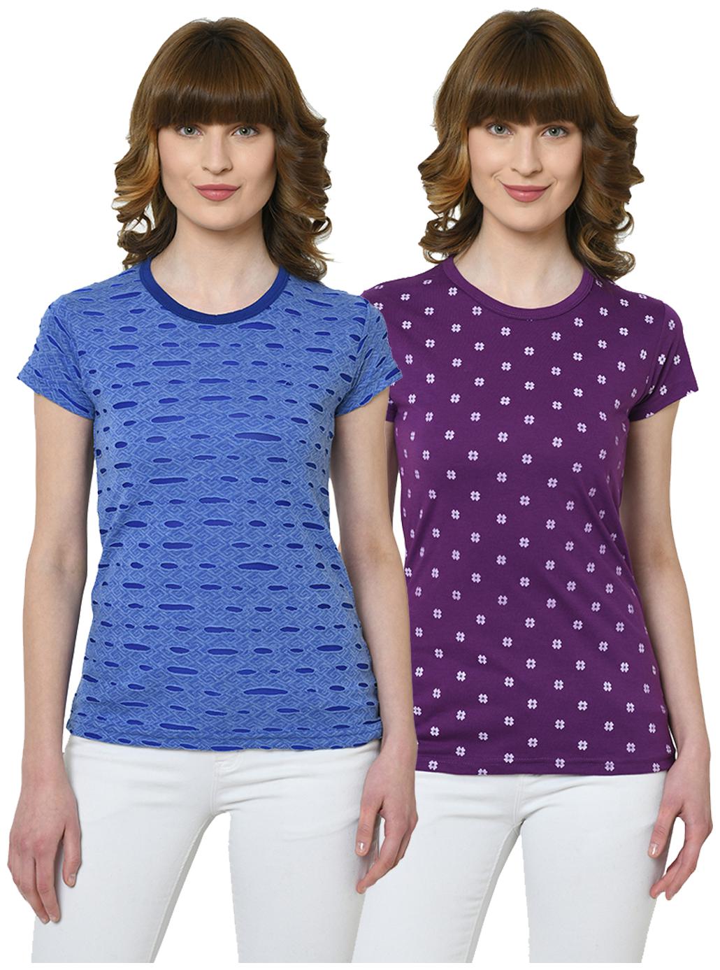 

VIMAL JONNEY Women Blue Purple Regular fit Round neck Cotton T shirt
