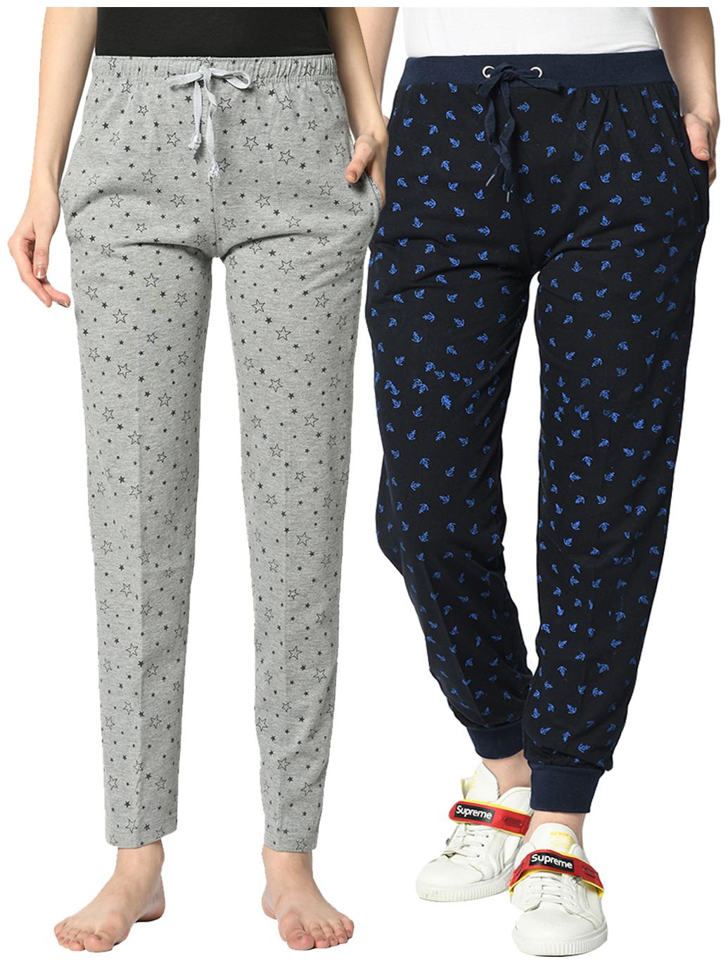 

VIMAL JONNEY Cotton Blend Printed Grey Blue Color Track Pants For Women (Pack Of 2)