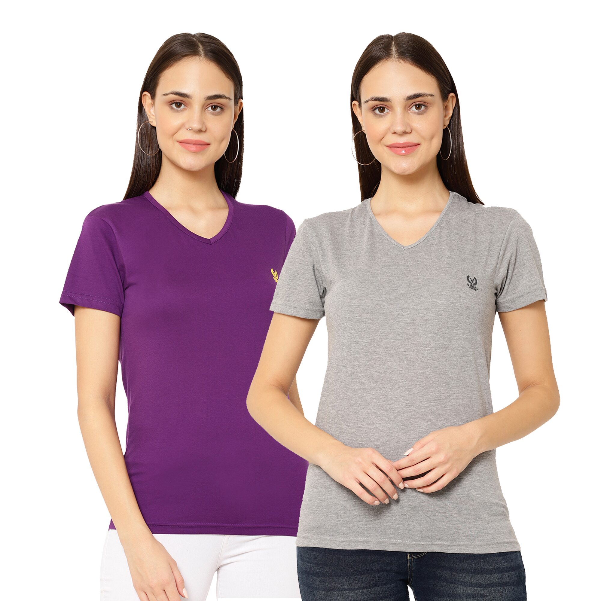 

VIMAL JONNEY Women Grey Purple Regular fit V neck Cotton blend T shirt