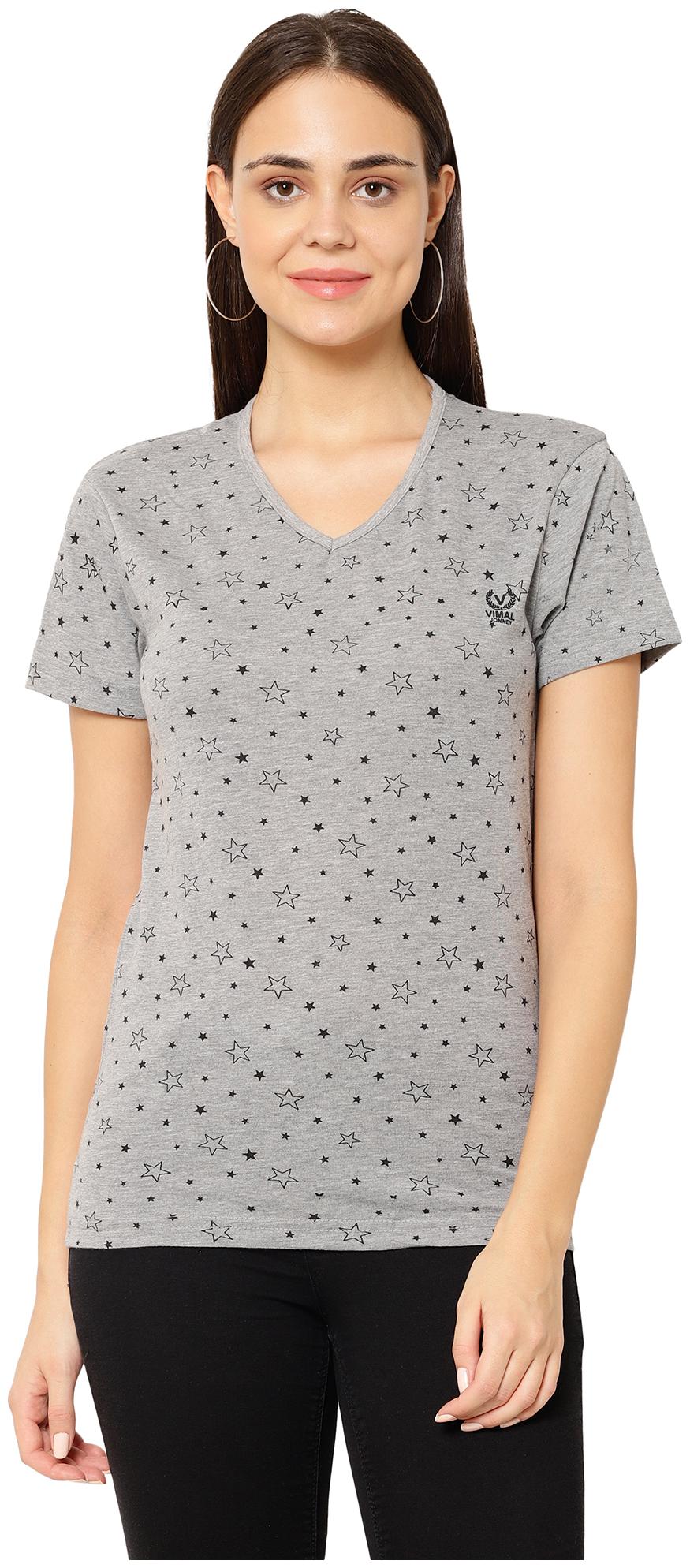 

VIMAL JONNEY Women Grey Regular fit V neck Blended T shirt