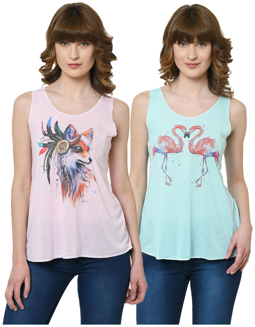 

VIMAL JONNEY Women Pink Green Regular fit U neck Polyester Tank top