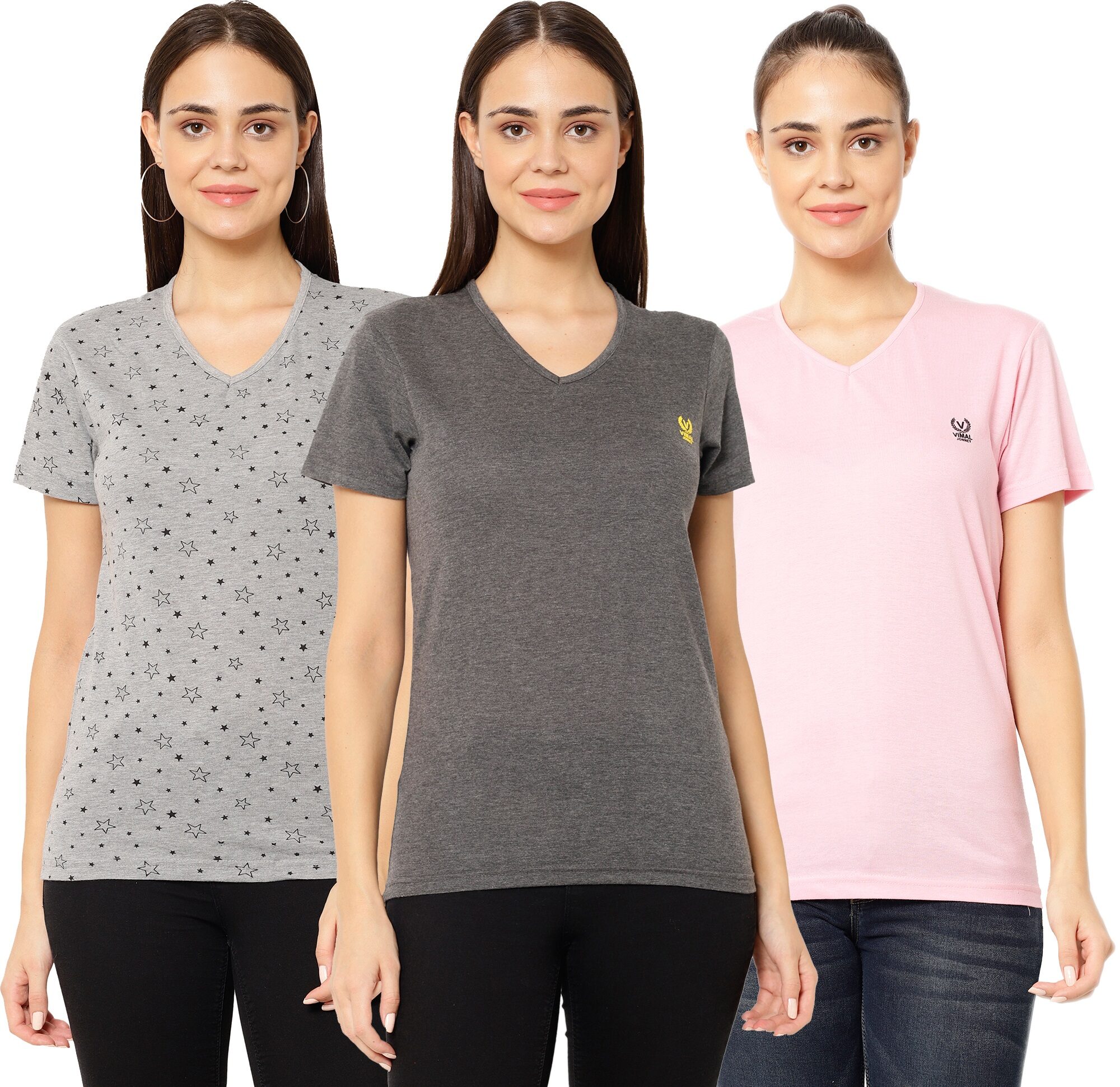 

VIMAL JONNEY Women Pink Grey Regular fit V neck Cotton T shirt