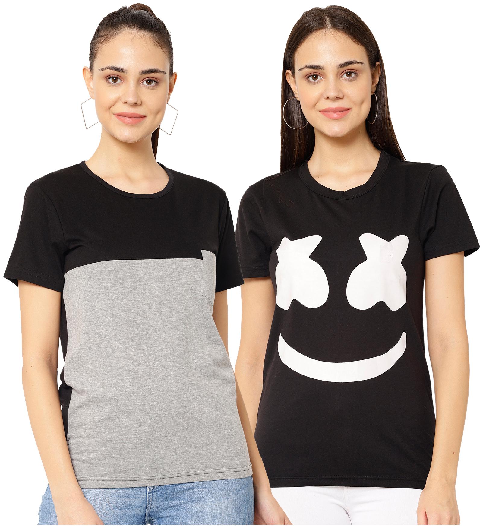

VIMAL JONNEY Women Grey Black Regular fit Round neck Cotton blend T shirt