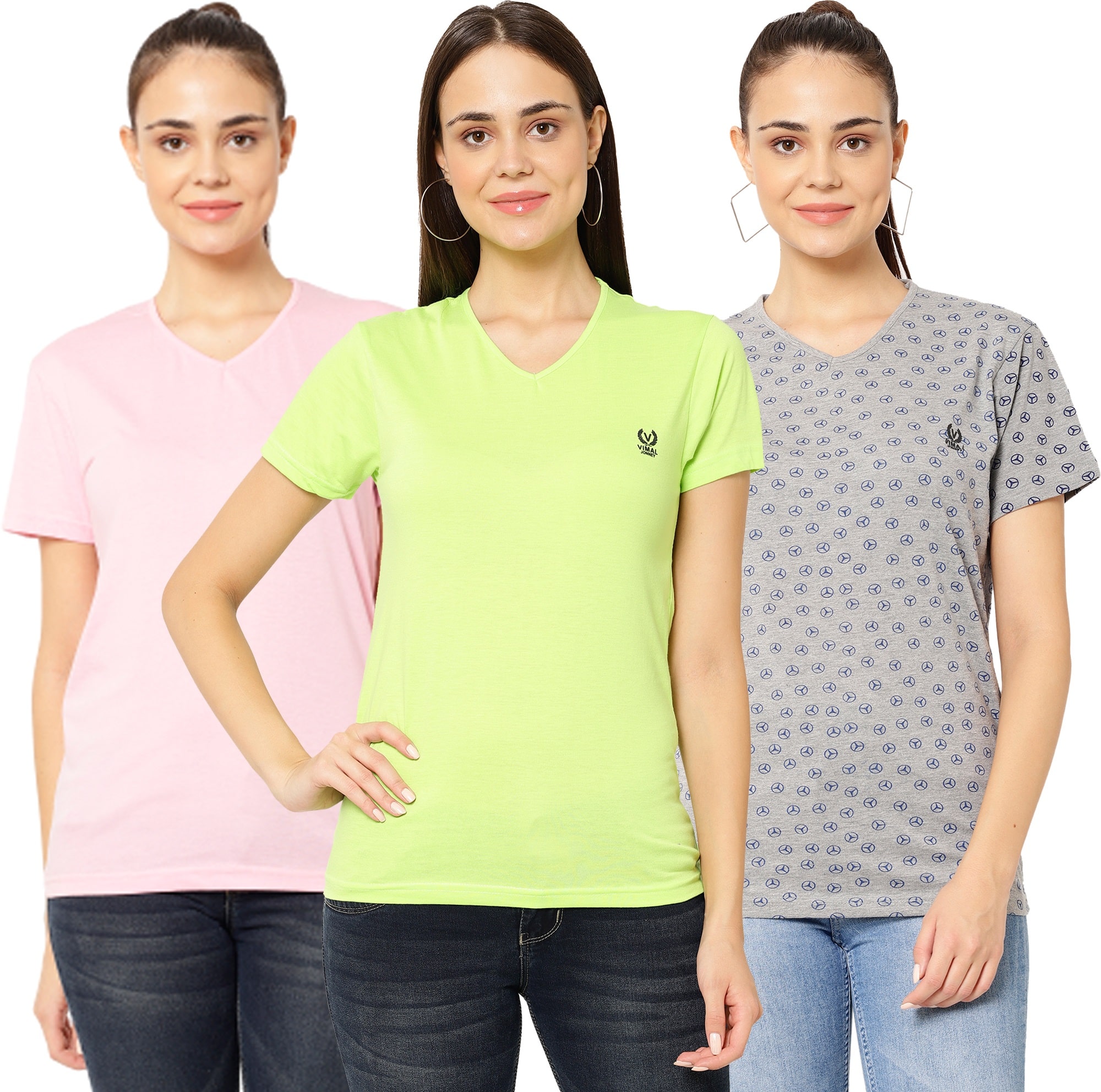 

VIMAL JONNEY Women Multi Regular fit V neck Cotton T shirt
