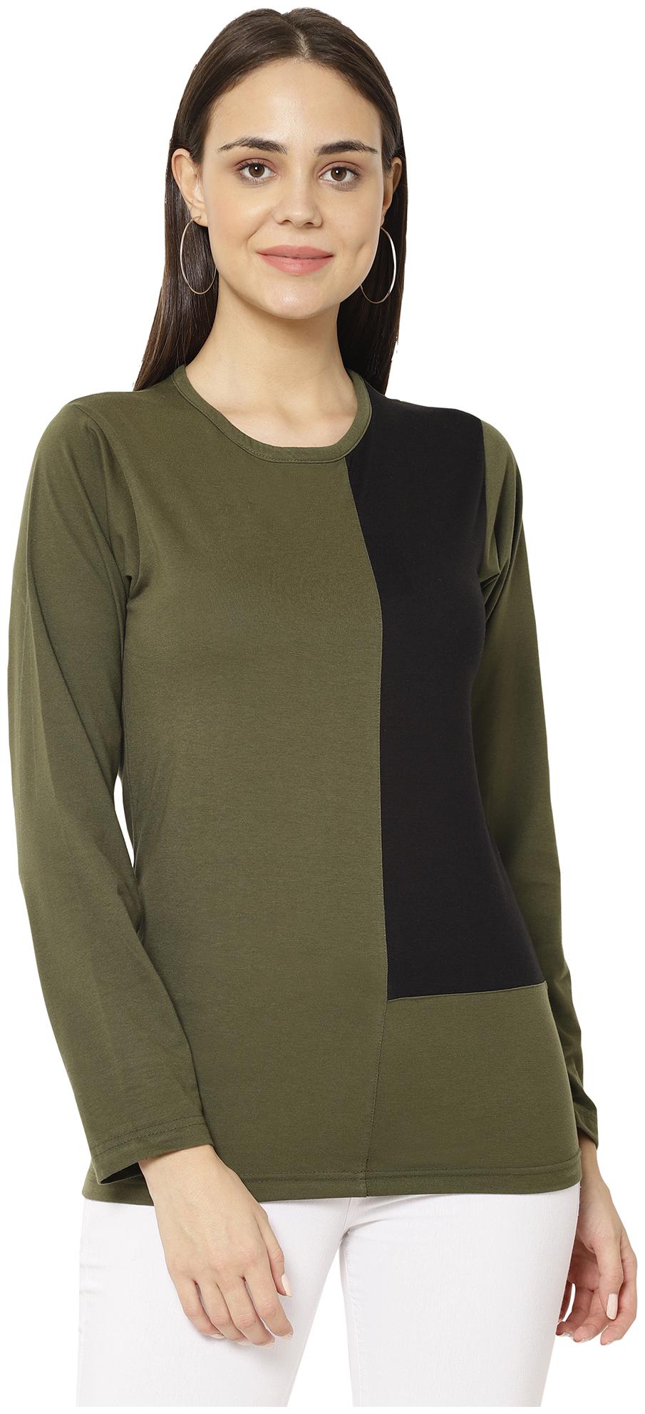 

VIMAL JONNEY Women Blended Colorblocked T Shirt Olive Black