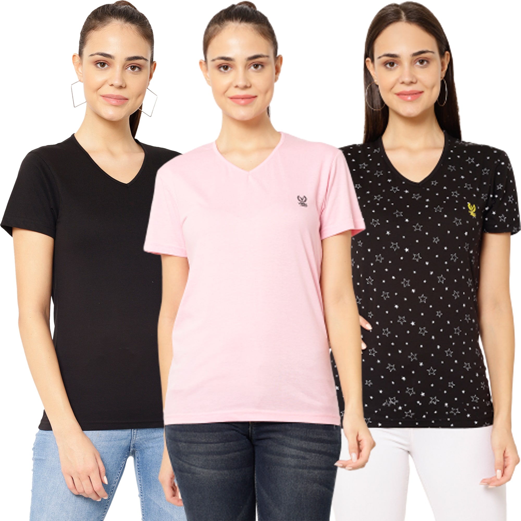 

VIMAL JONNEY Women Black Pink Regular fit V neck Cotton T shirt