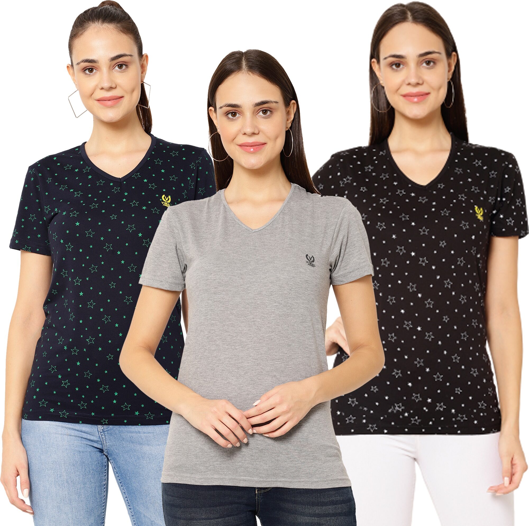 

VIMAL JONNEY Women Multi Regular fit V neck Cotton T shirt