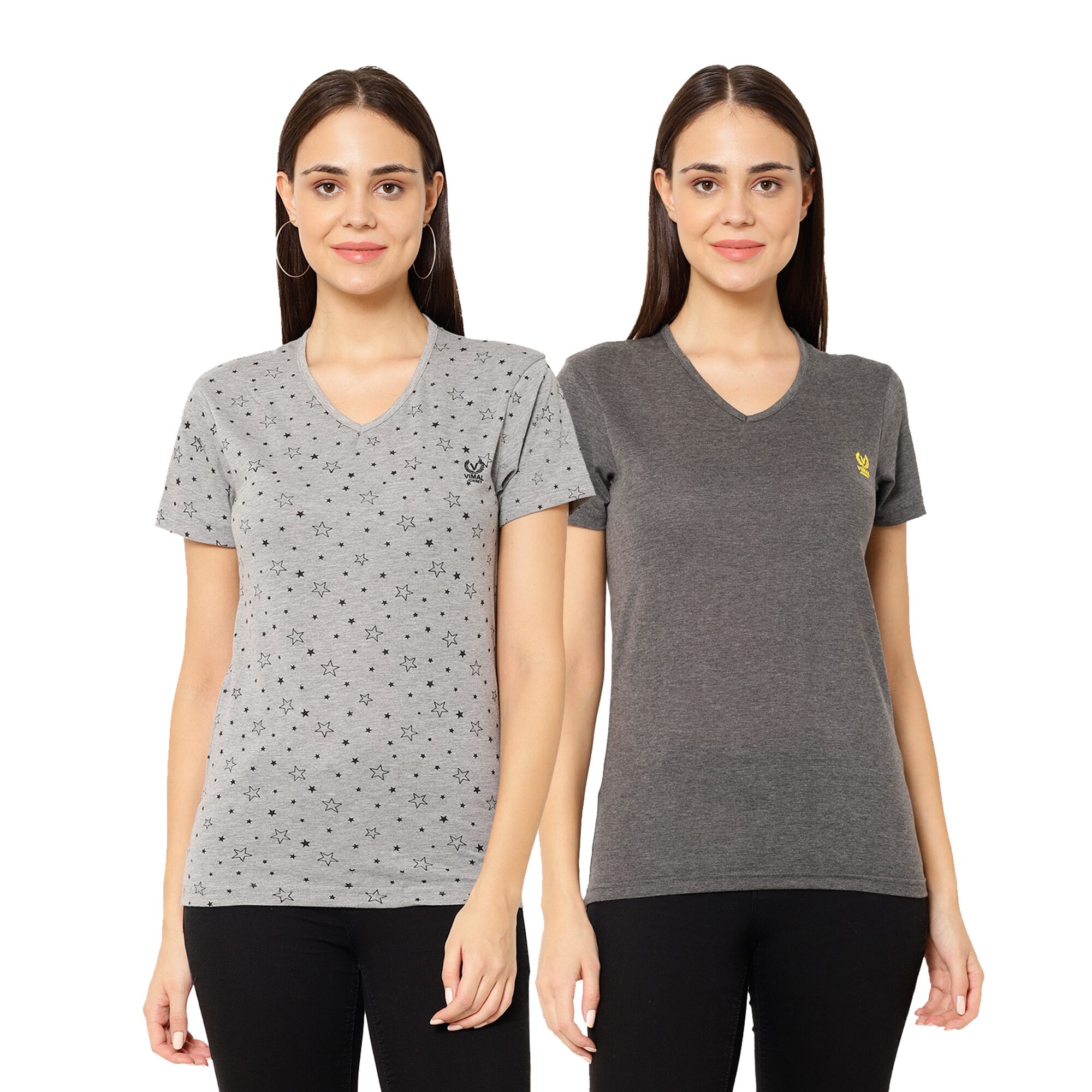 

VIMAL JONNEY Women Grey Regular fit V neck Cotton blend T shirt
