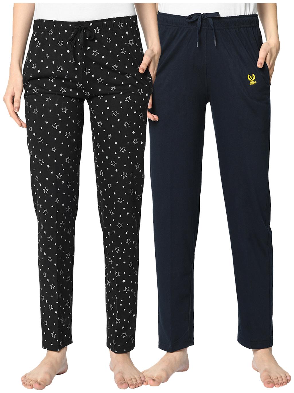 

VIMAL JONNEY Cotton Blend Printed Black Blue Color Track Pants For Women (Pack Of 2)