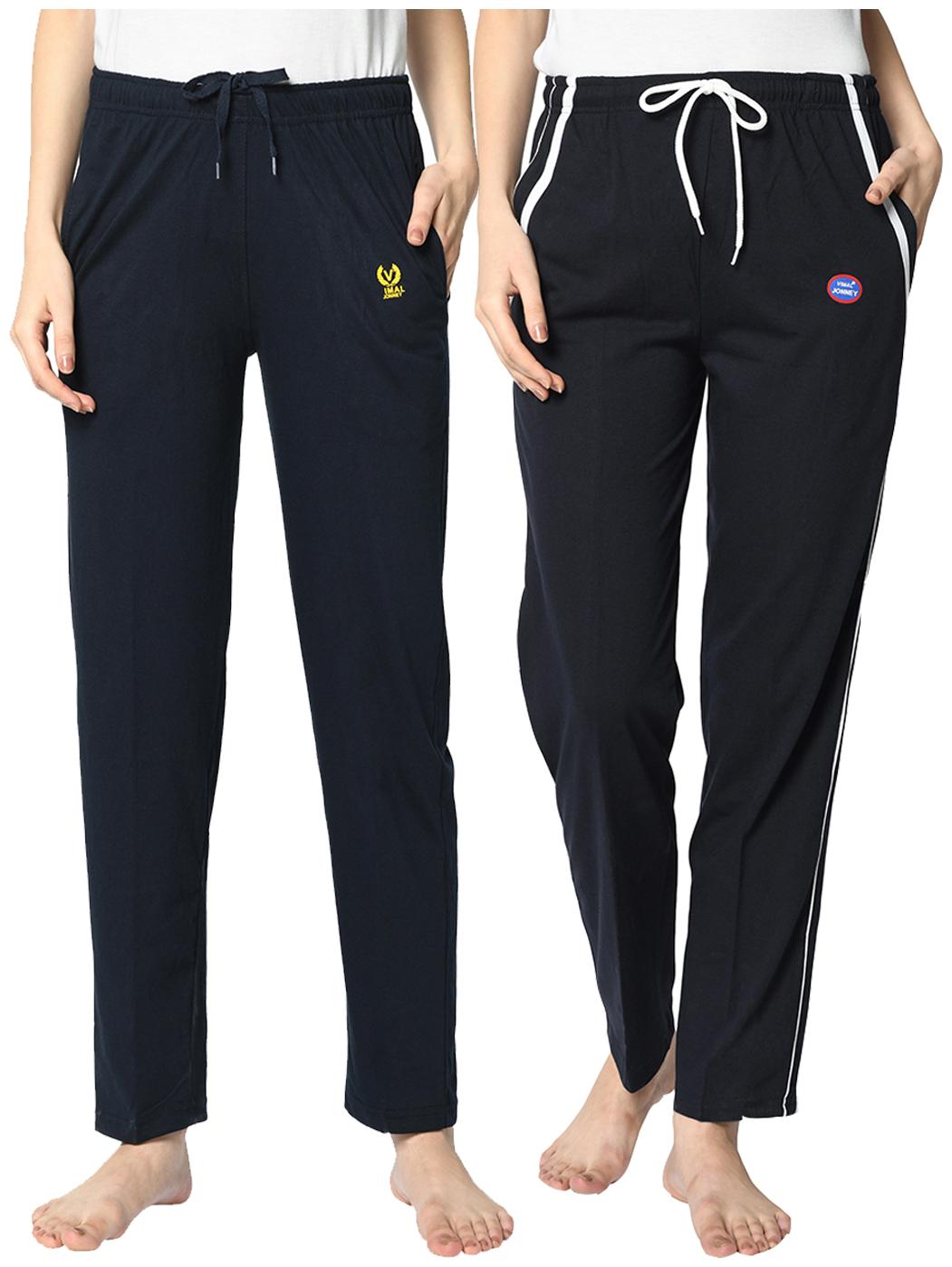 

VIMAL JONNEY Cotton Blend Solid Blue Color Track Pants For Women (Pack Of 2)