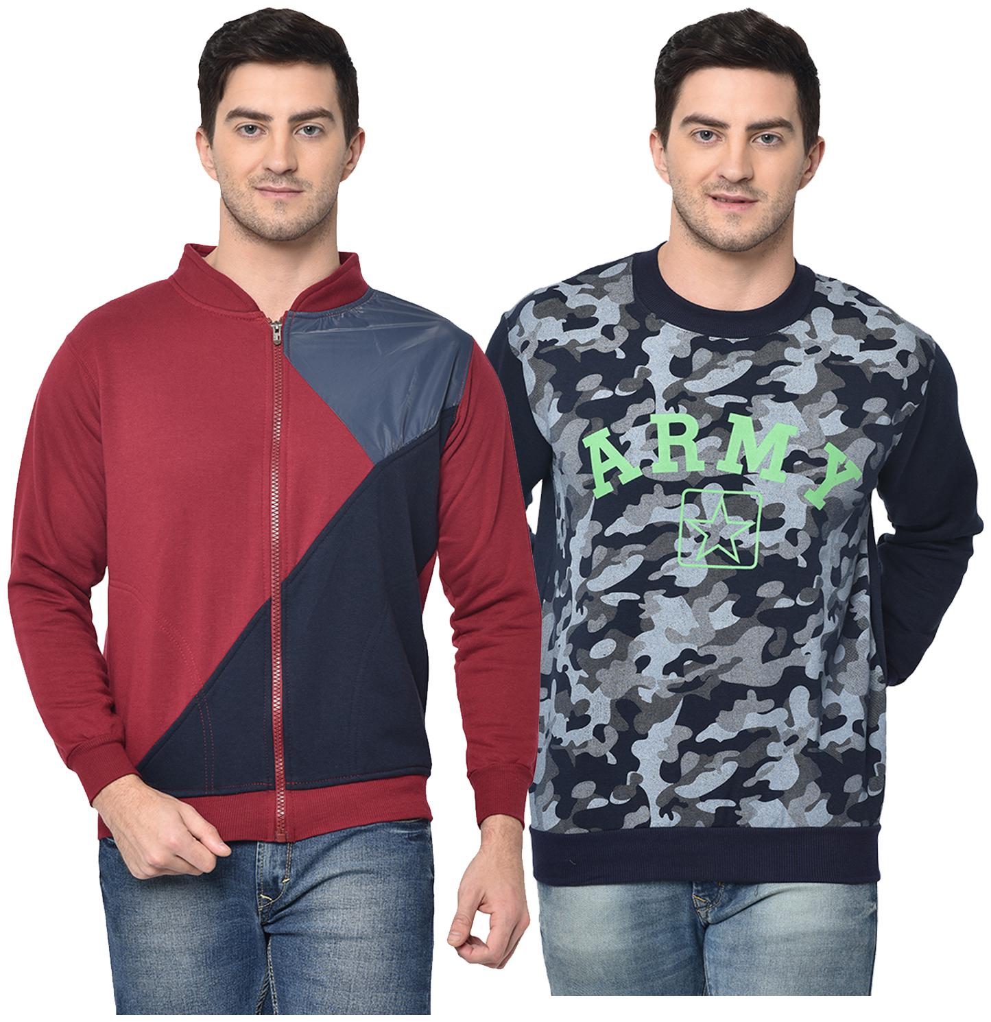 

VIMAL JONNEY Cotton Blend Colourblocked Maroon Blue Color Sweatshirt For Men (Pack Of 2)