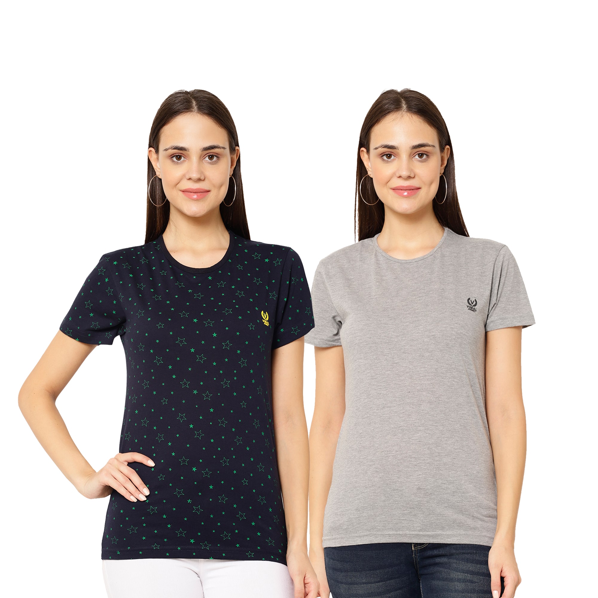 

VIMAL JONNEY Cotton Printed Navy Blue Grey Color T-Shirt For Women (Pack Of 2)