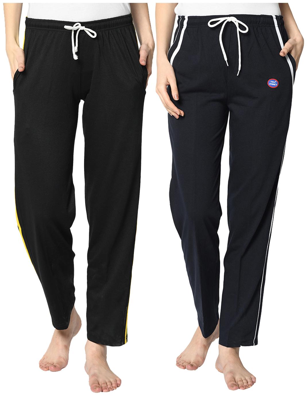 

VIMAL JONNEY Cotton Blend Solid Blue Black Color Track Pants For Women (Pack Of 2)