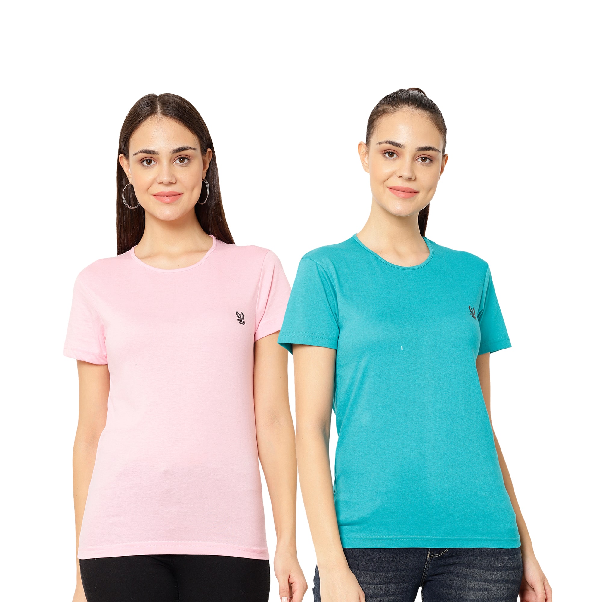 

VIMAL JONNEY Women Turquoise Pink Regular fit Round neck Cotton T shirt