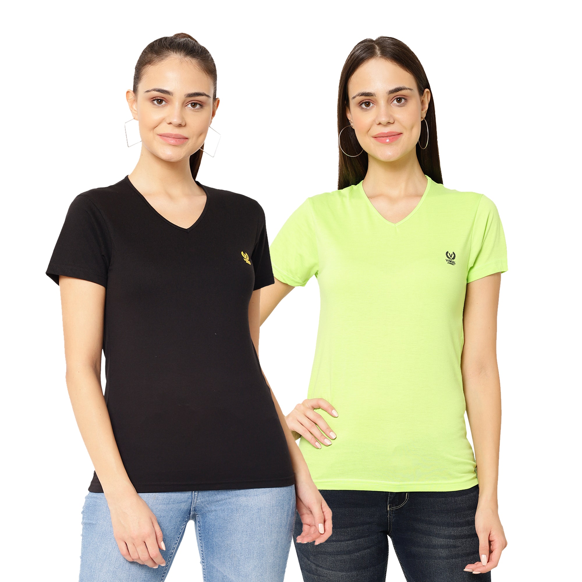 

VIMAL JONNEY Women Green Black Regular fit V neck Cotton blend T shirt