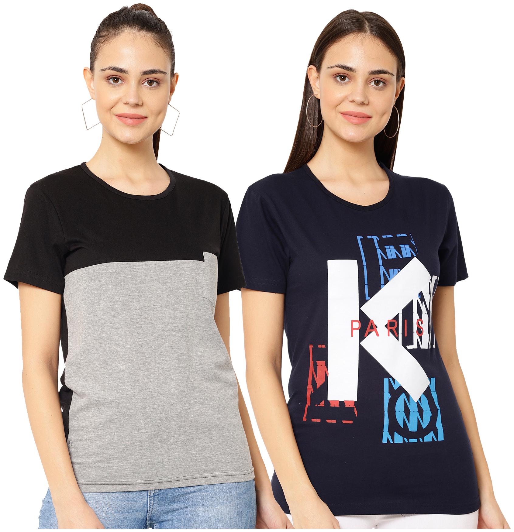 

VIMAL JONNEY Women Multi Regular fit Round neck Cotton blend T shirt
