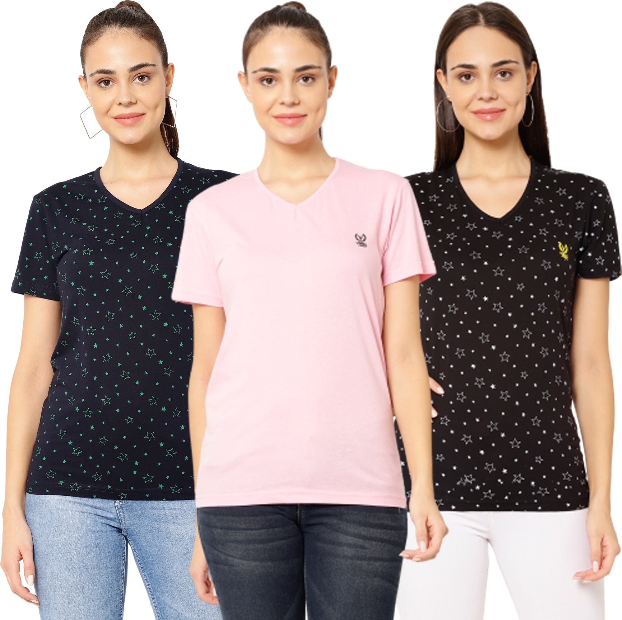 

VIMAL JONNEY Women Multi Regular fit V neck Cotton T shirt