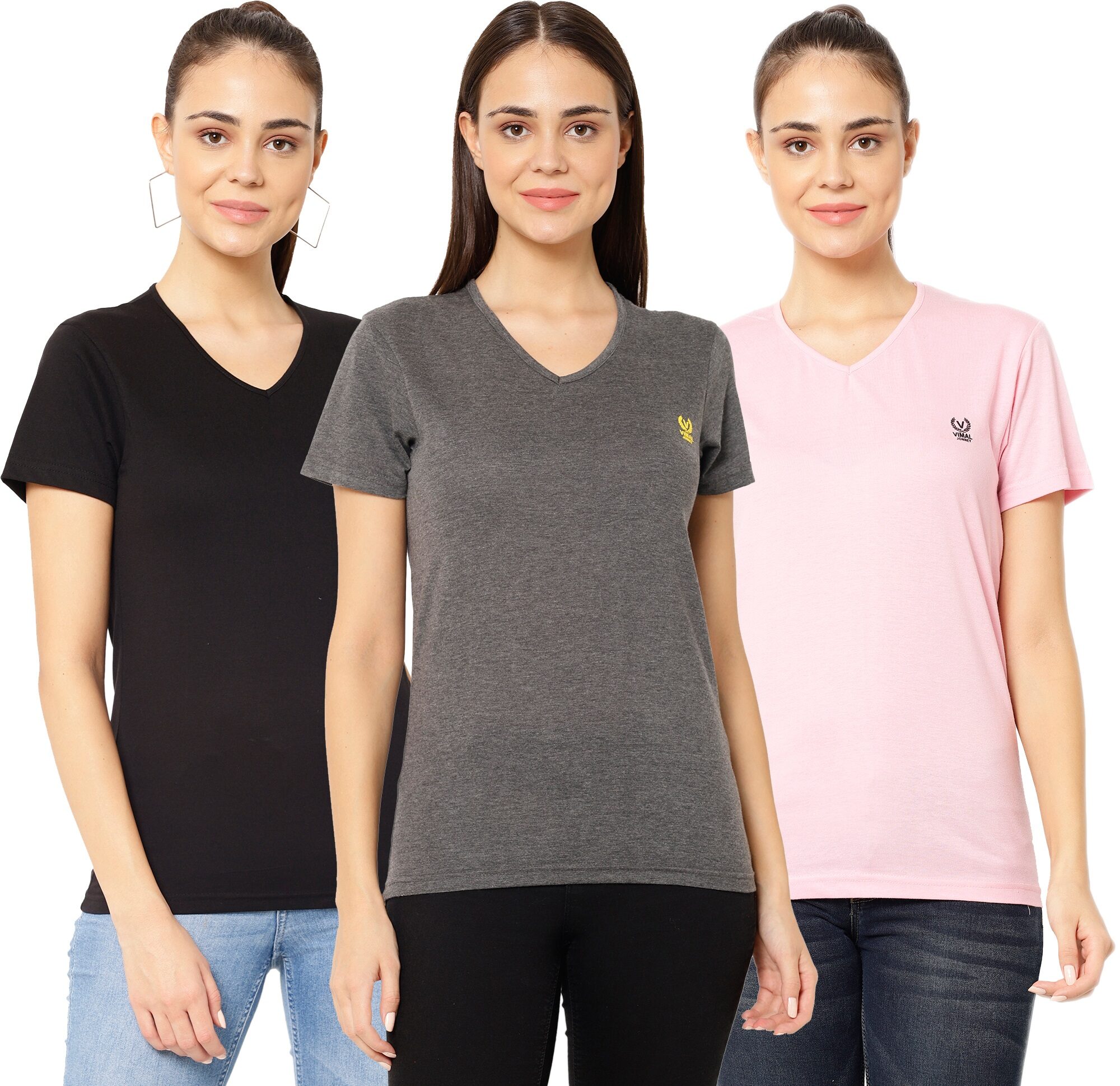

VIMAL JONNEY Women Multi Regular fit V neck Cotton T shirt