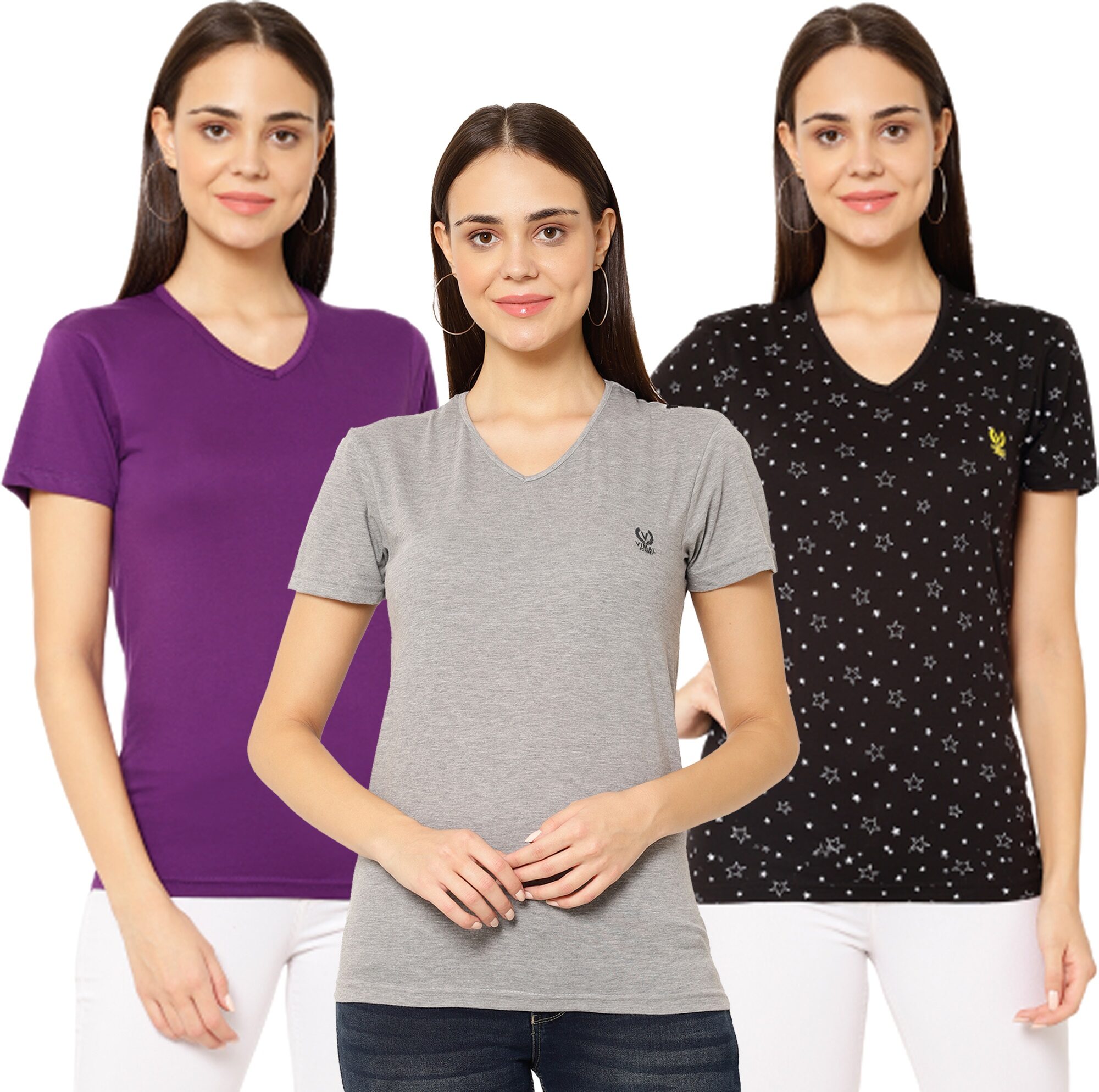 

VIMAL JONNEY Women Multi Regular fit V neck Cotton T shirt