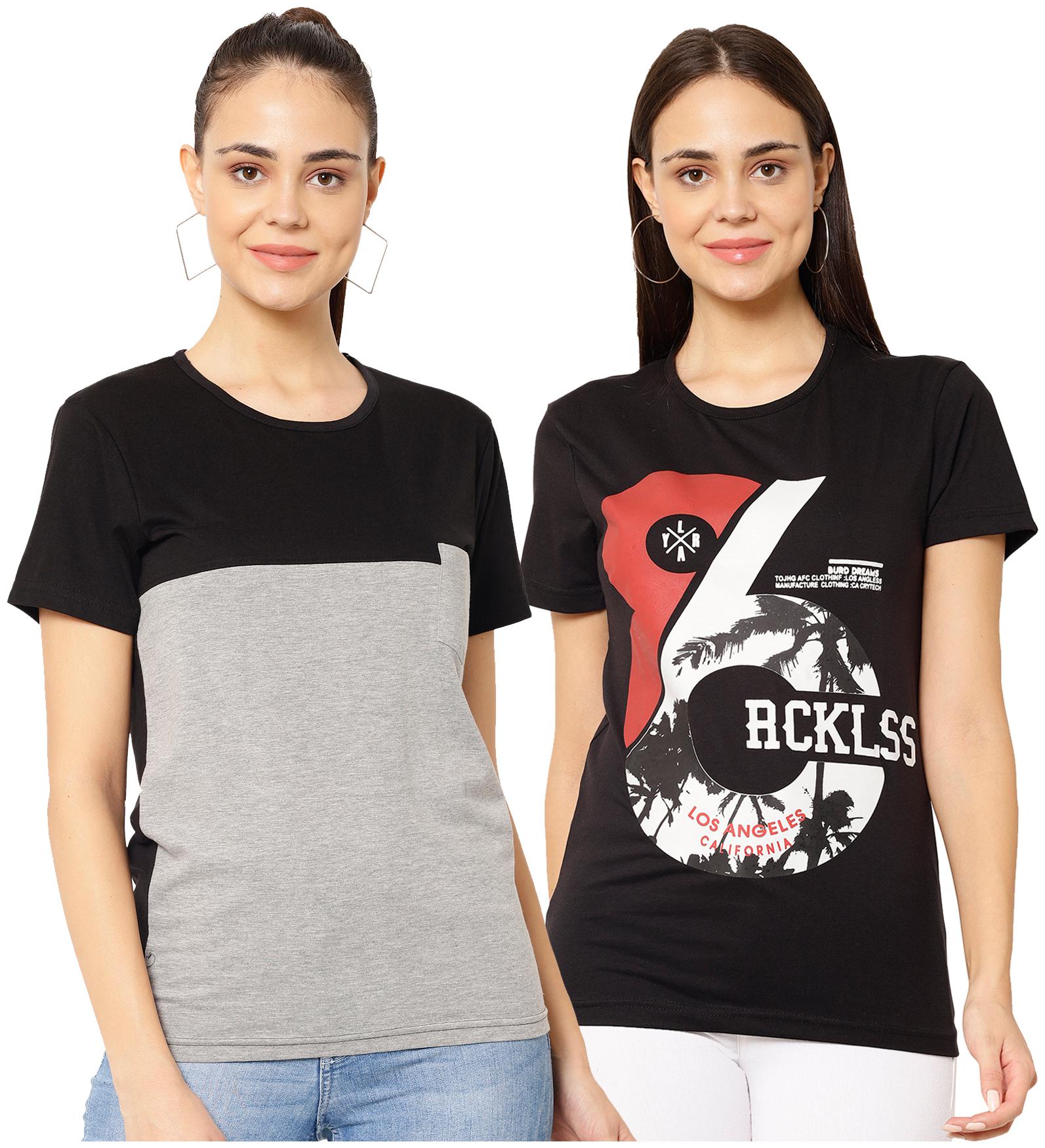 

VIMAL JONNEY Women Grey Black Regular fit Round neck Cotton blend T shirt