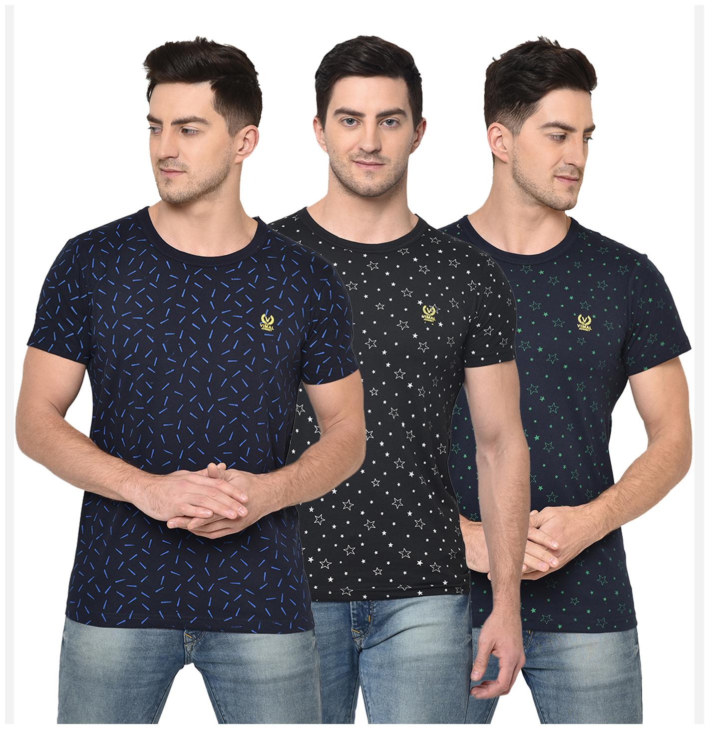 

VIMAL JONNEY Men Navy blue Black Regular fit Cotton Blend Round neck T-Shirt - Pack Of 3