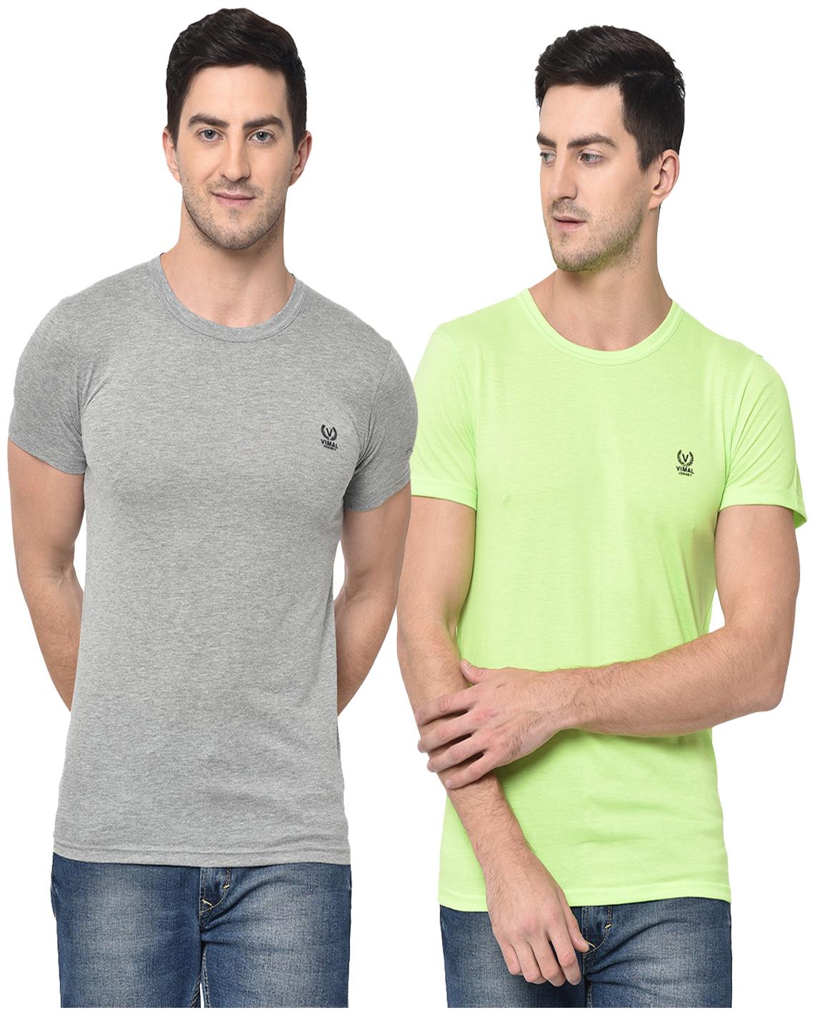 

VIMAL JONNEY Men Grey Green Regular fit Cotton Blend Round neck T-Shirt - Pack Of 2