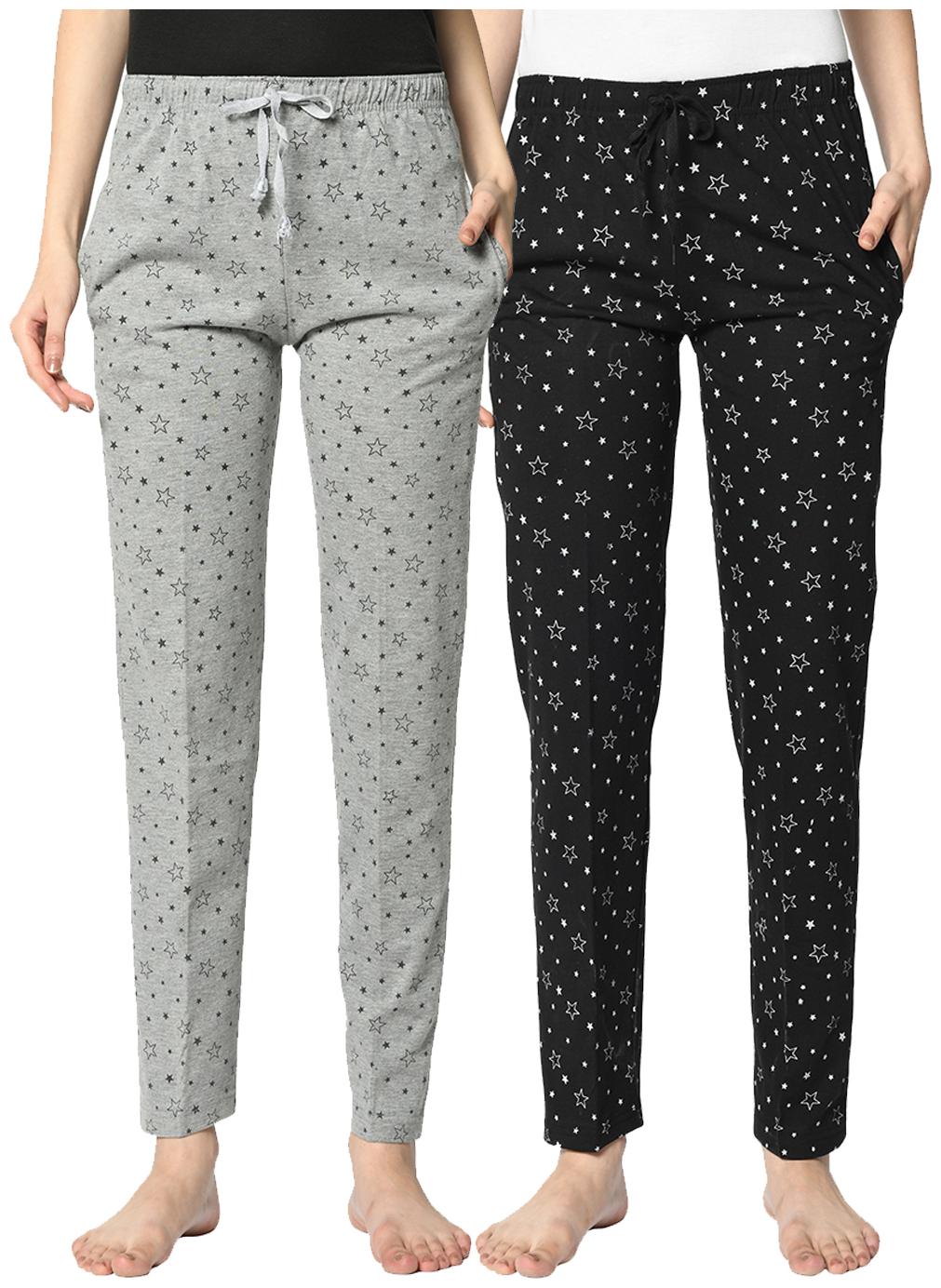 

VIMAL JONNEY Cotton Blend Printed Black Grey Color Track Pants For Women (Pack Of 2)