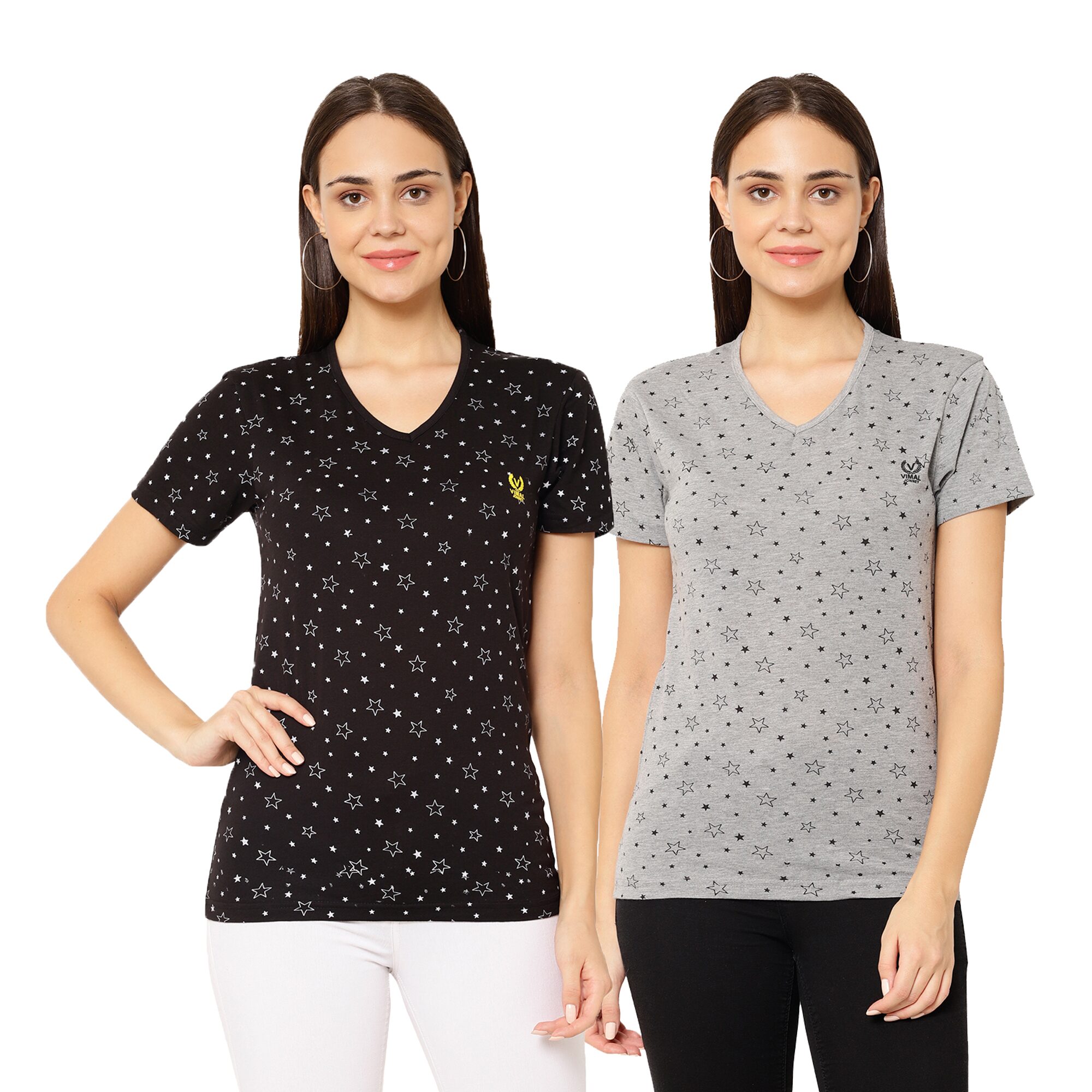 

VIMAL JONNEY Women Black Grey Regular fit V neck Cotton blend T shirt