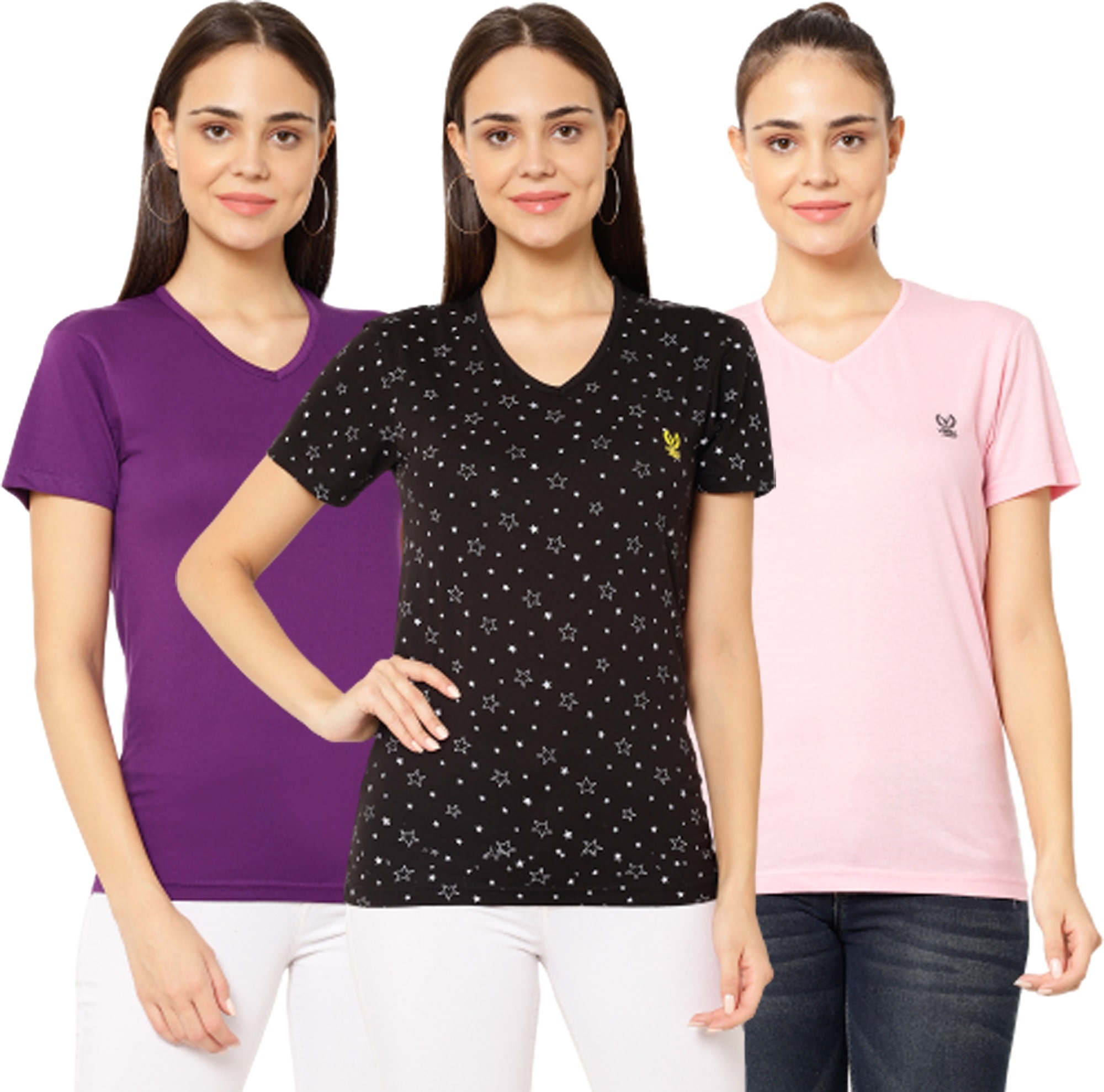 

VIMAL JONNEY Women Multi Regular fit V neck Cotton T shirt