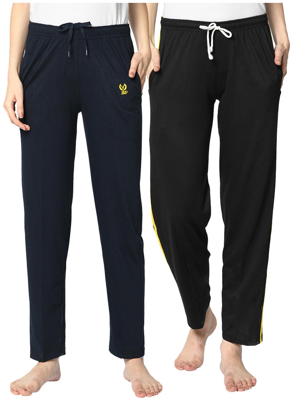 

VIMAL JONNEY Cotton Blend Solid Black Blue Color Track Pants For Women (Pack Of 2)
