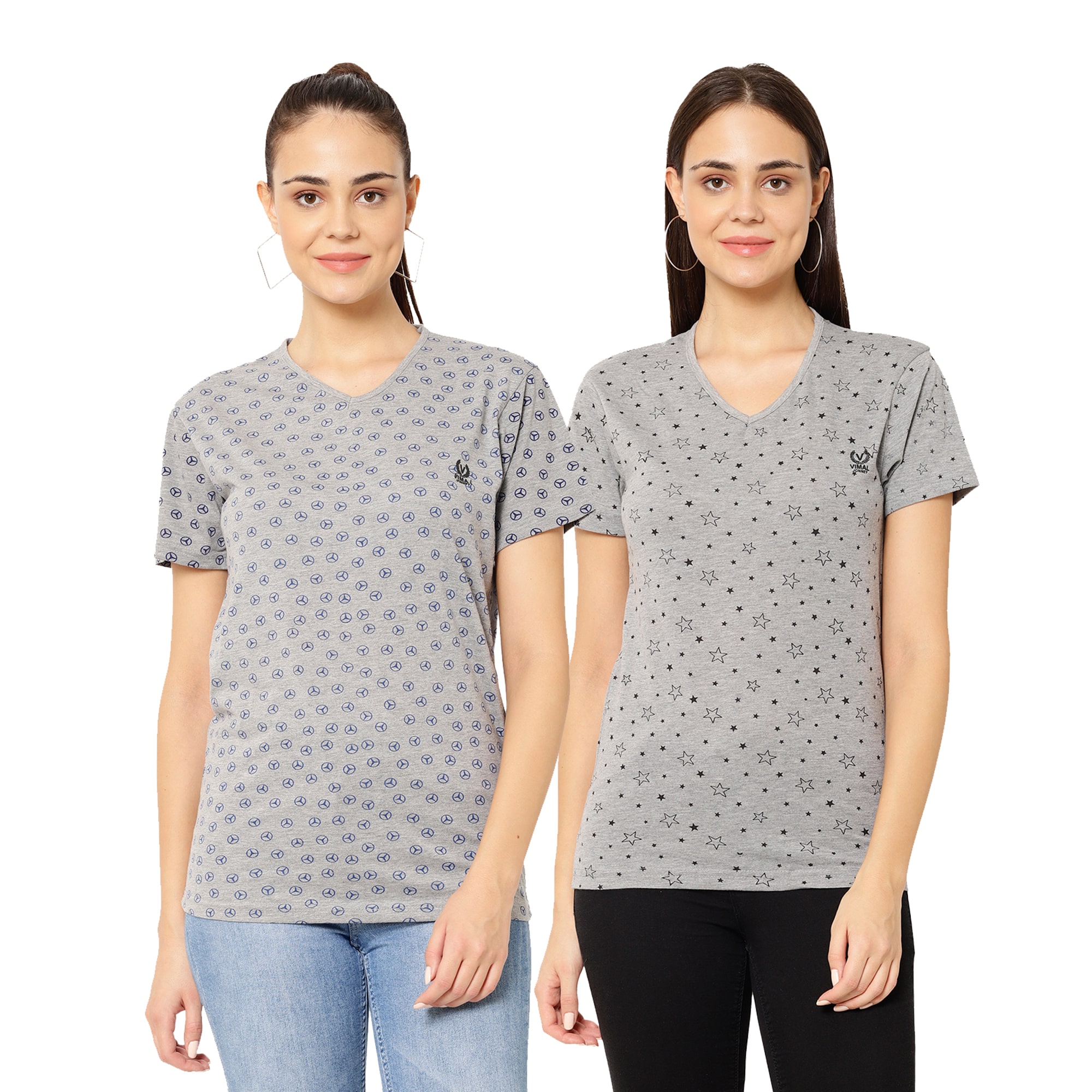 

VIMAL JONNEY Women Grey Regular fit V neck Cotton blend T shirt