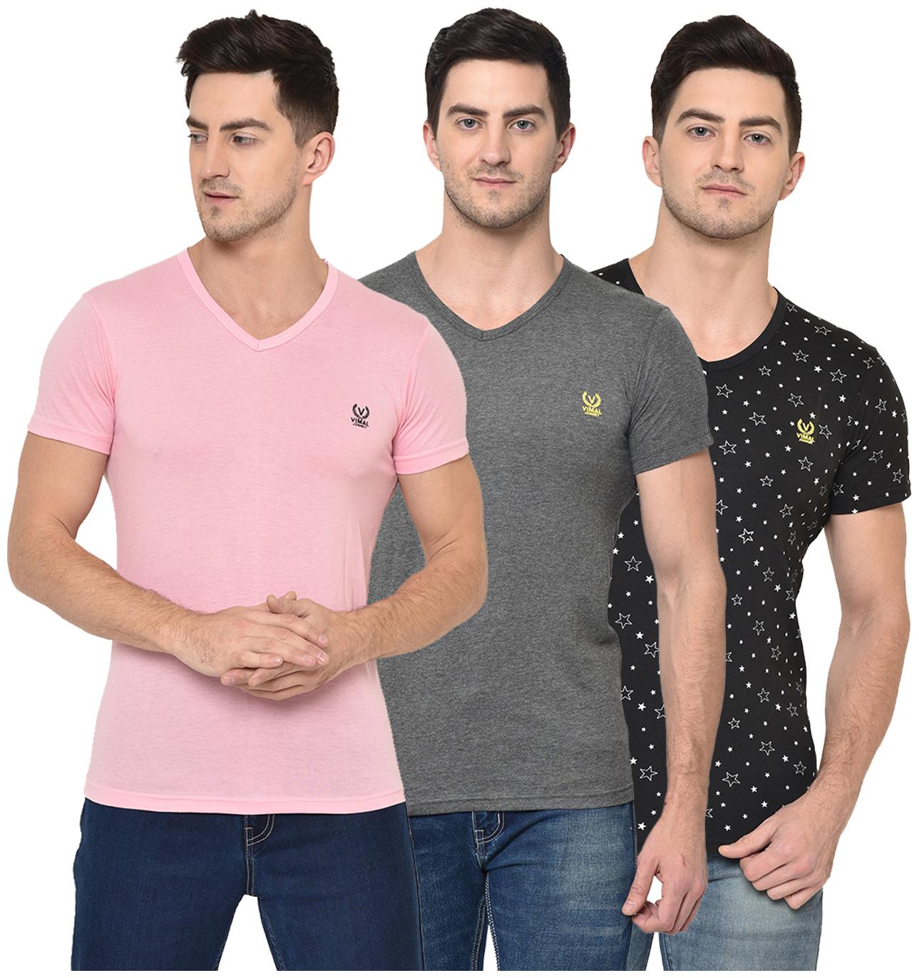 

VIMAL JONNEY Men Multi Regular fit Cotton Blend V neck T-Shirt - Pack Of 3