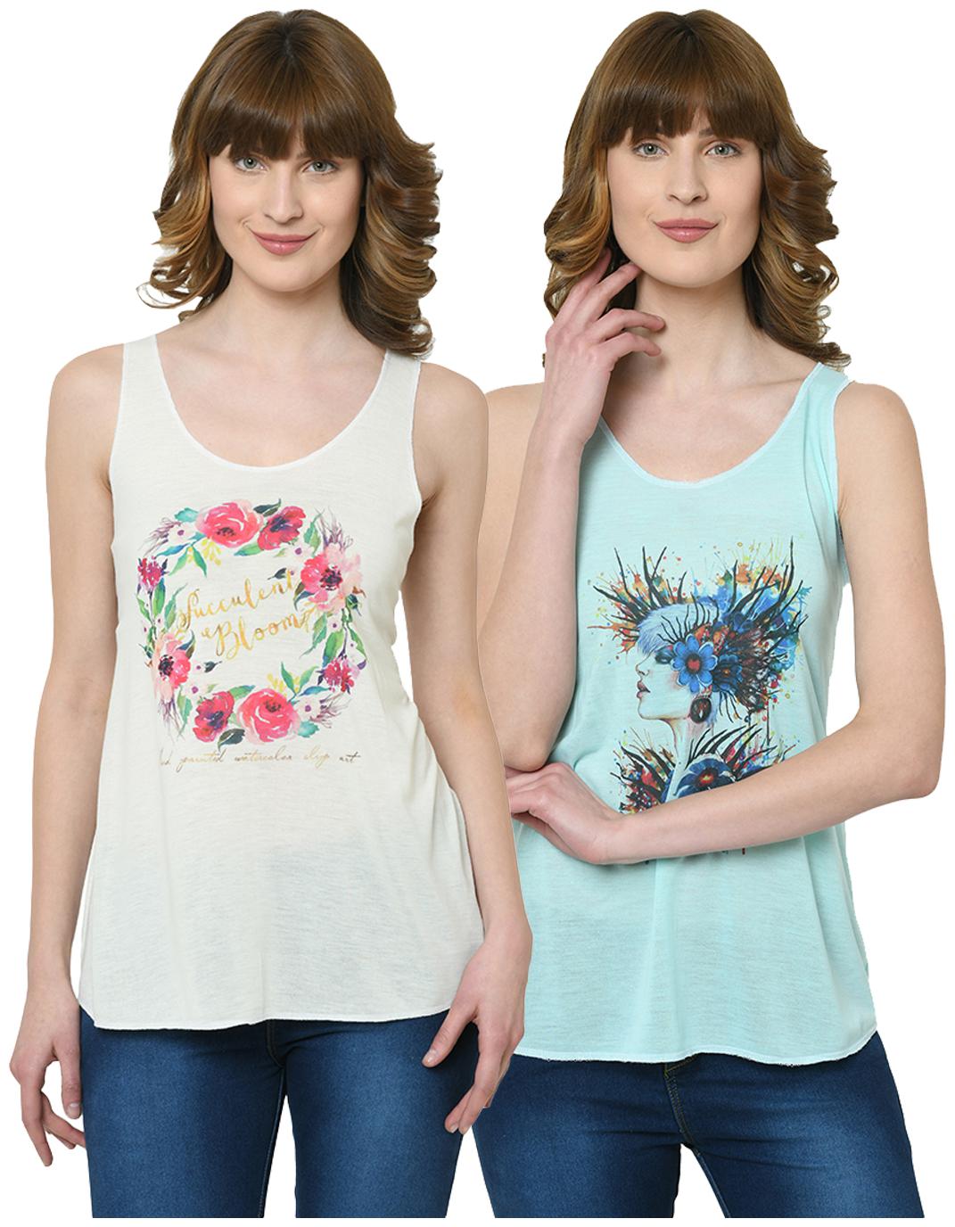 

VIMAL JONNEY Women Cream Green Regular fit U neck Polyester Tank top