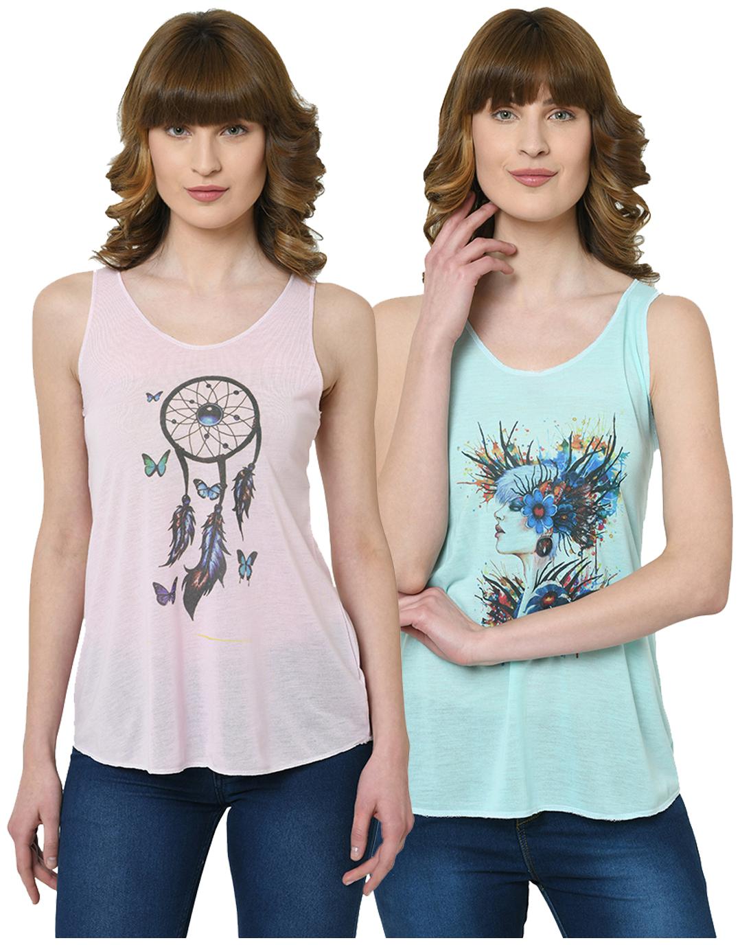 

VIMAL JONNEY Women Pink Green Regular fit U neck Polyester Tank top