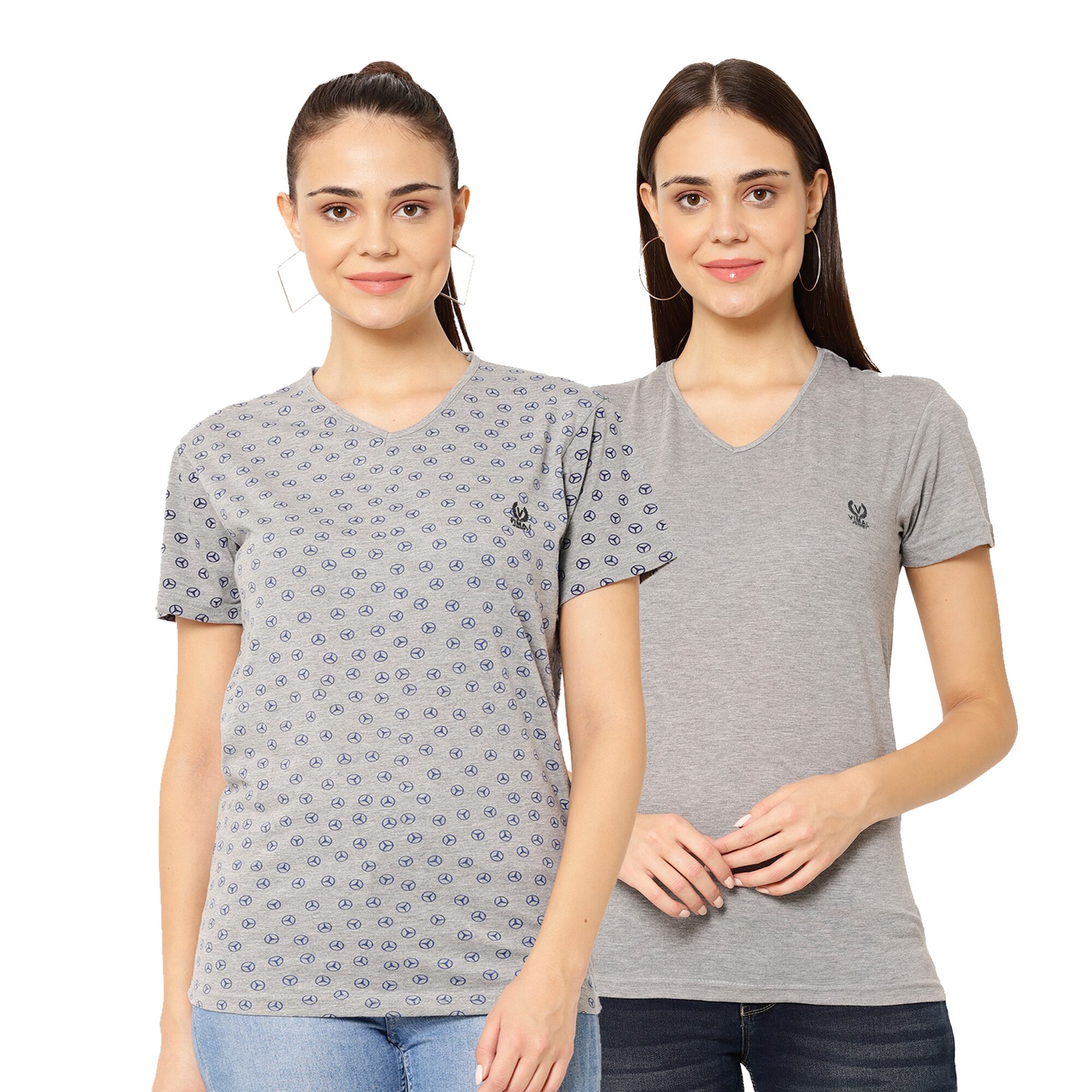 

VIMAL JONNEY Women Grey Regular fit V neck Cotton blend T shirt