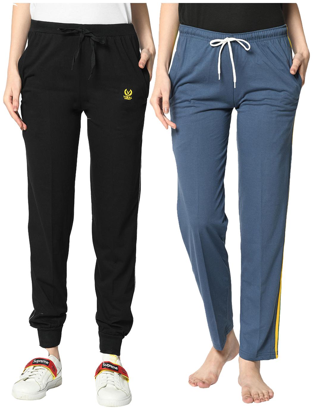 

VIMAL JONNEY Cotton Blend Solid Grey Blue Color Track Pants For Women (Pack Of 2)