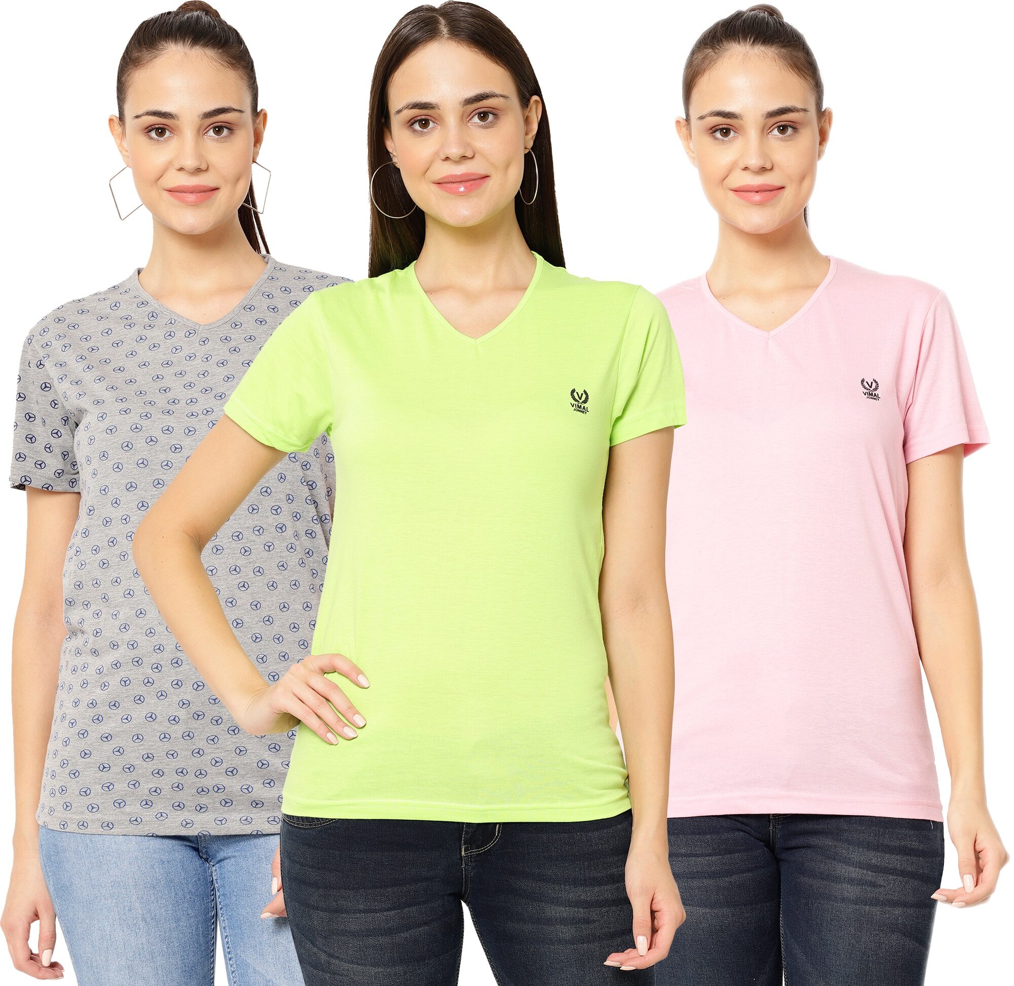 

VIMAL JONNEY Women Multi Regular fit V neck Cotton T shirt