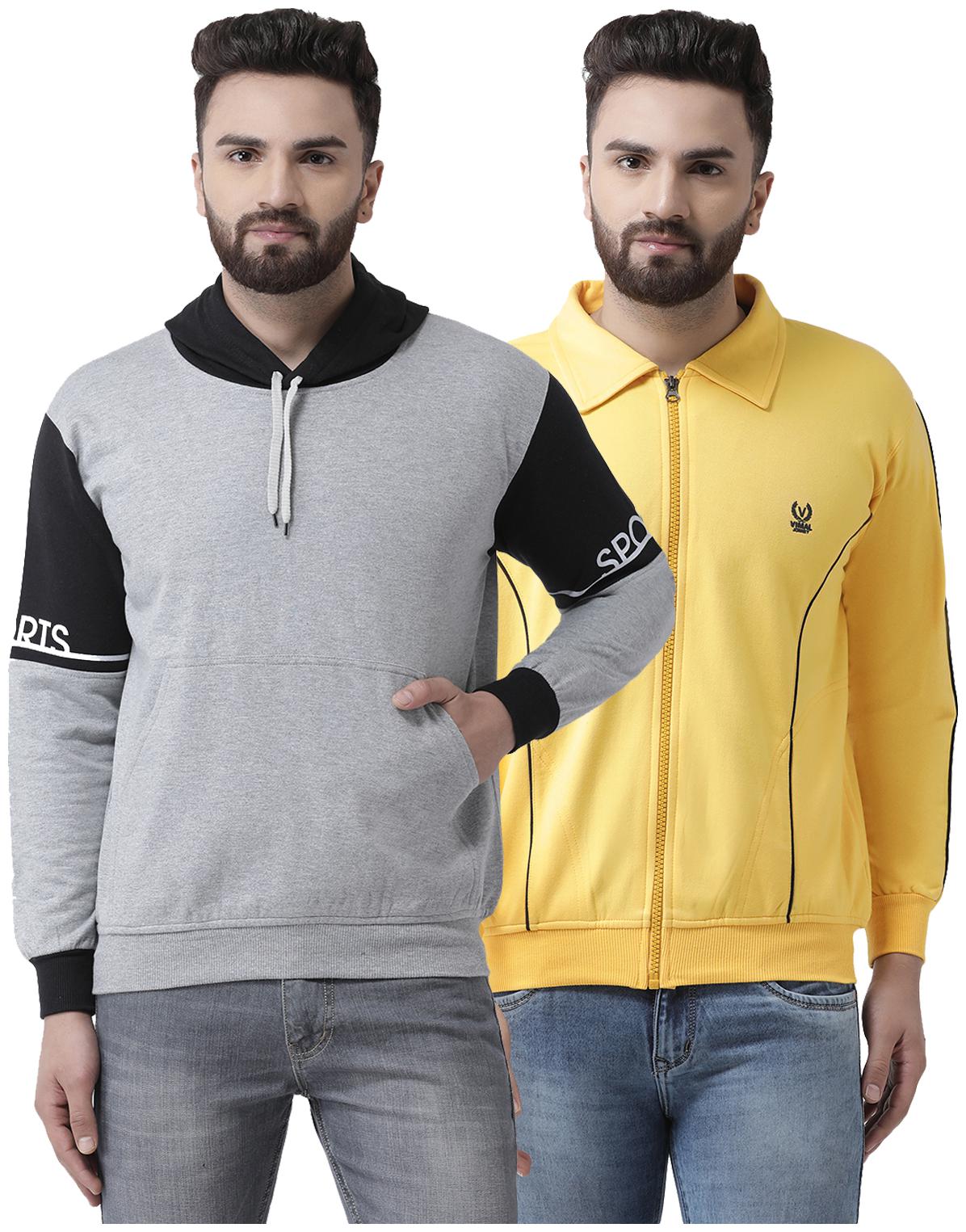

VIMAL JONNEY Men Cotton Solid Sweatshirt Yellow Grey